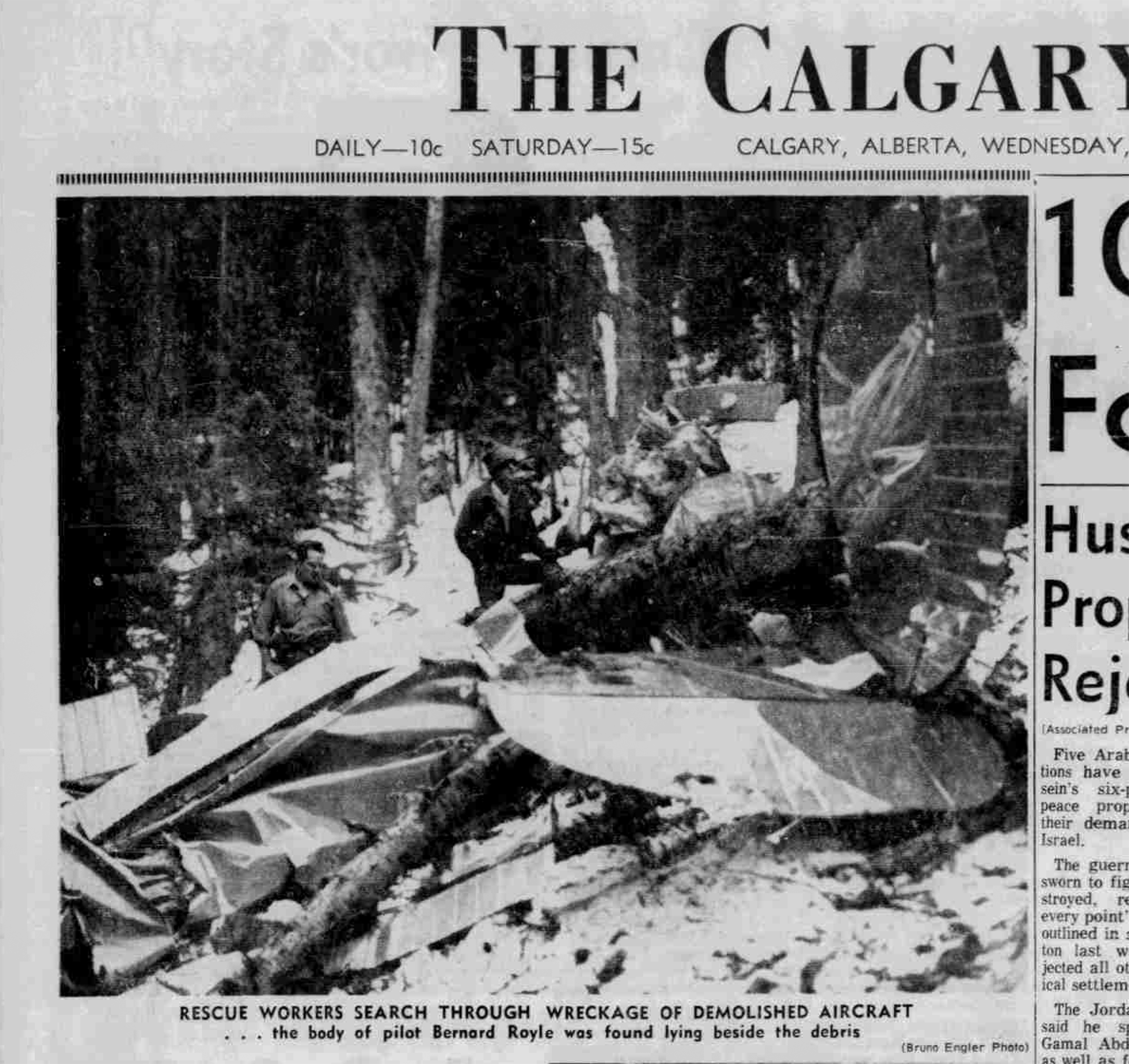 Scene of a Cessna crash in the mountains of British Columbia, Canada,  captured on the front page of The Calgary Herald in April 1969. 