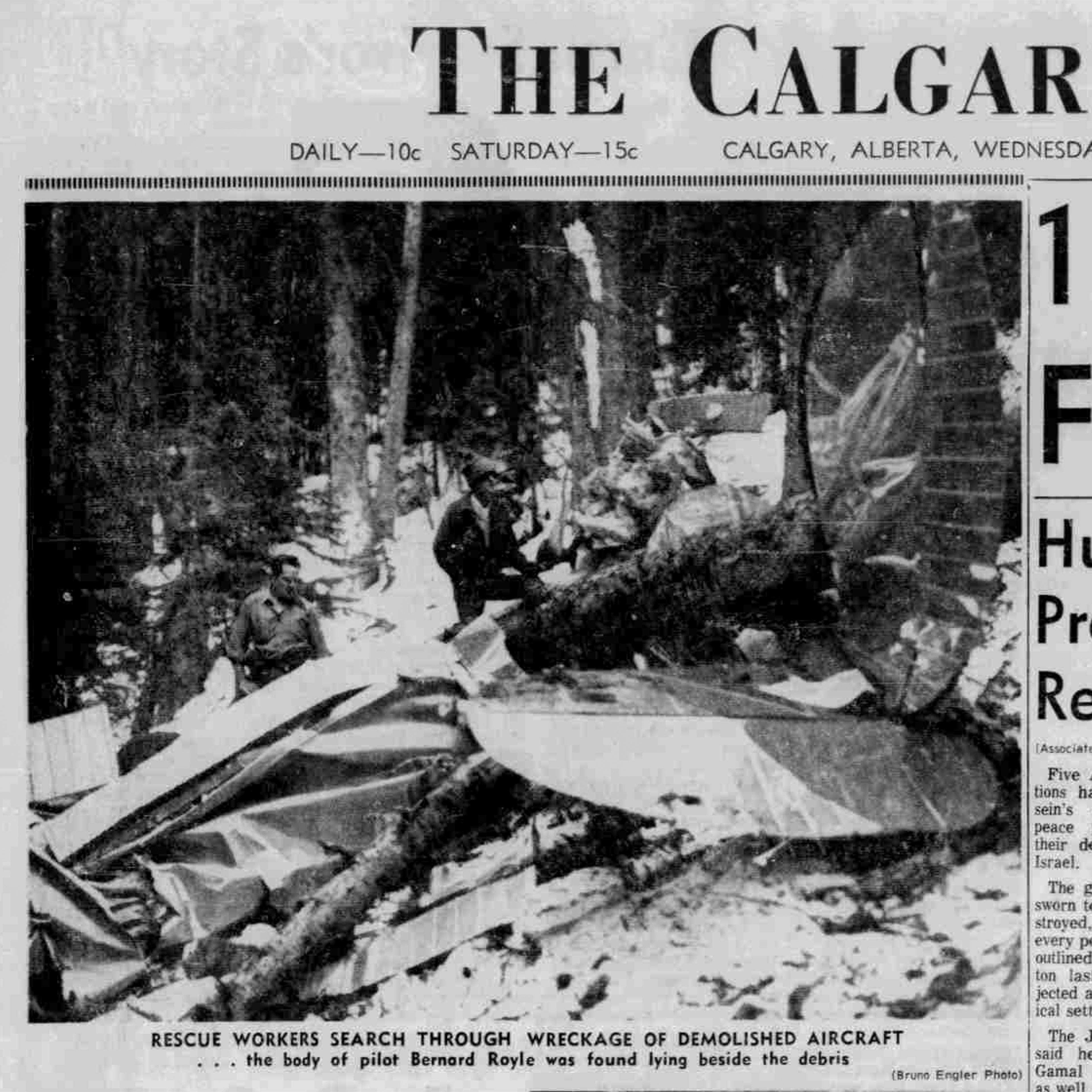 Scene of a Cessna crash in the mountains of British Columbia, Canada, captured on the front page of The Calgary Herald in April 1969.