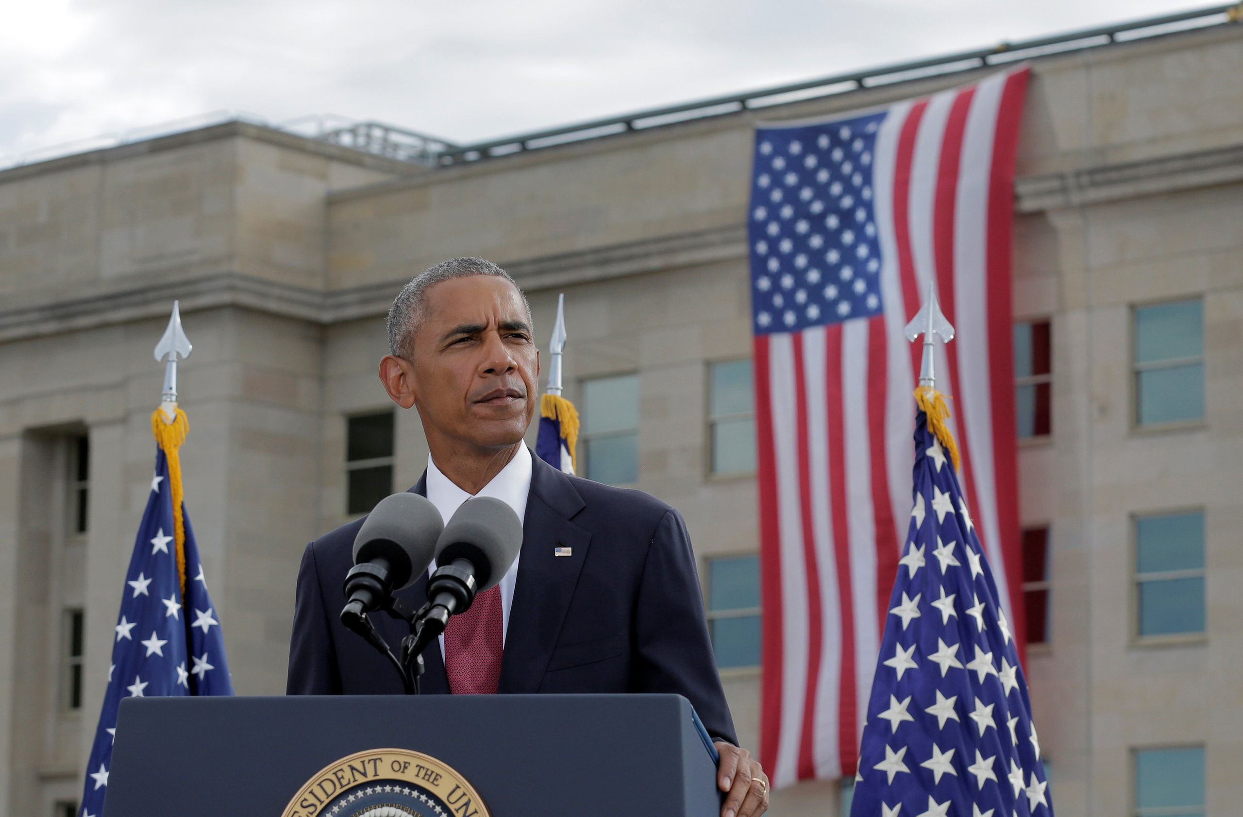 Barack Obama speaks during a ceremony marking the 15th anniversary of the 9/11 attacks at the Pentagon in Washington, Sept. 11, 2016.
