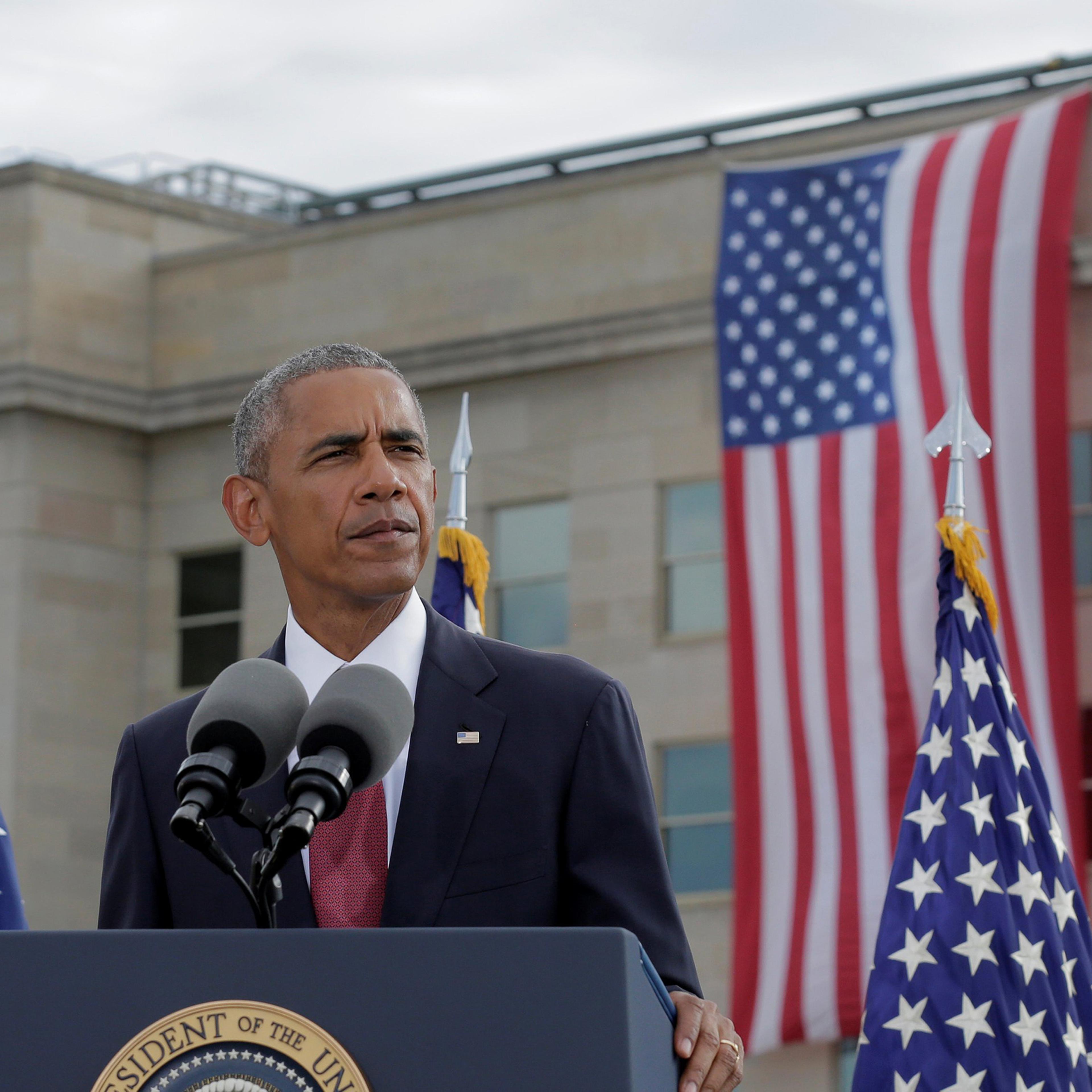 Barack Obama speaks during a ceremony marking the 15th anniversary of the 9/11 attacks at the Pentagon in Washington, Sept. 11, 2016.