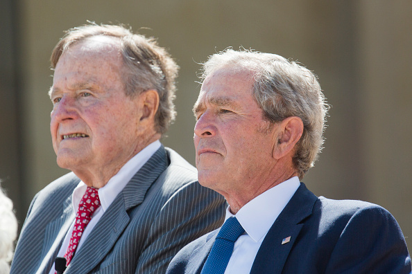 Former President George W Bush with his father former President George H.W. Bush at the dedication of the George W. Bush presidential library on the campus of Southern Methodist University in Dallas.