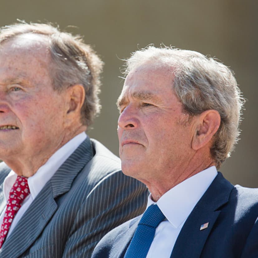 Former President George W Bush with his father former President George H.W. Bush at the dedication of the George W. Bush presidential library on the campus of Southern Methodist University in Dallas.