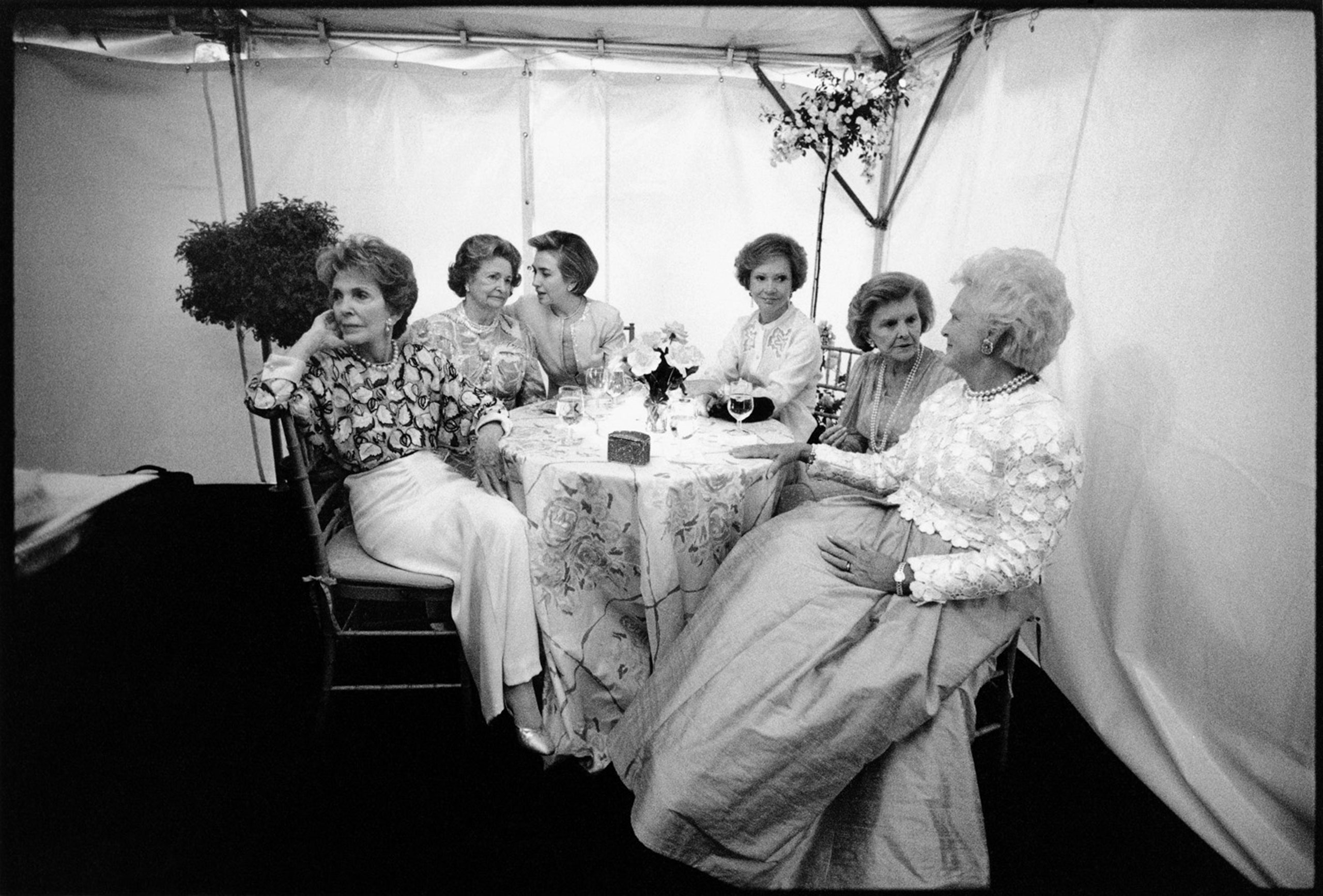First Ladies (from left to right) Nancy Reagan, Lady Bird Johnson, Hillary Rodham Clinton, Rosalynn Carter, Betty Ford, and Barbara Bush at the "National Garden Gala, A Tribute to America's First Ladies", May 11, 1994. 