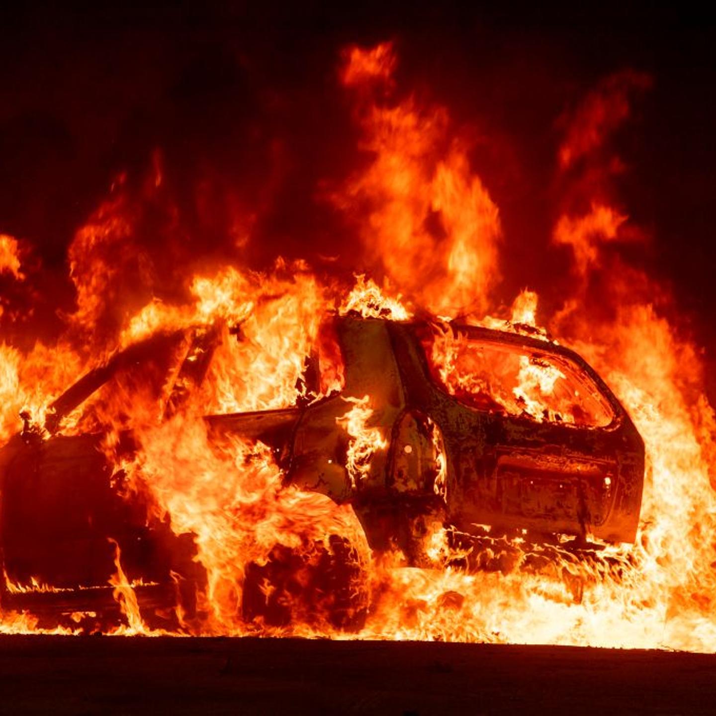A car explodes into flames in downtown Paradise, California