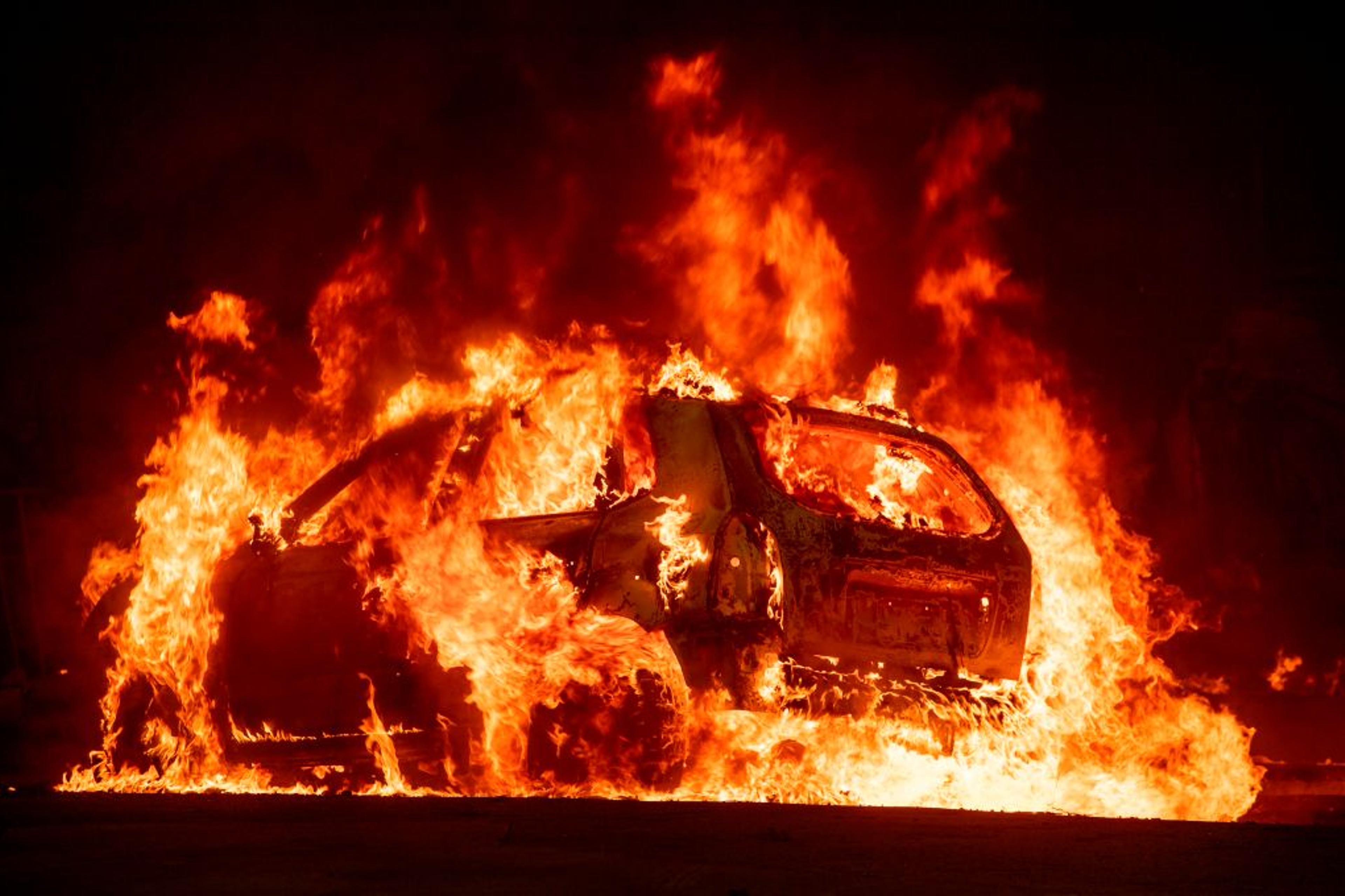 A car explodes into flames in downtown Paradise, California
