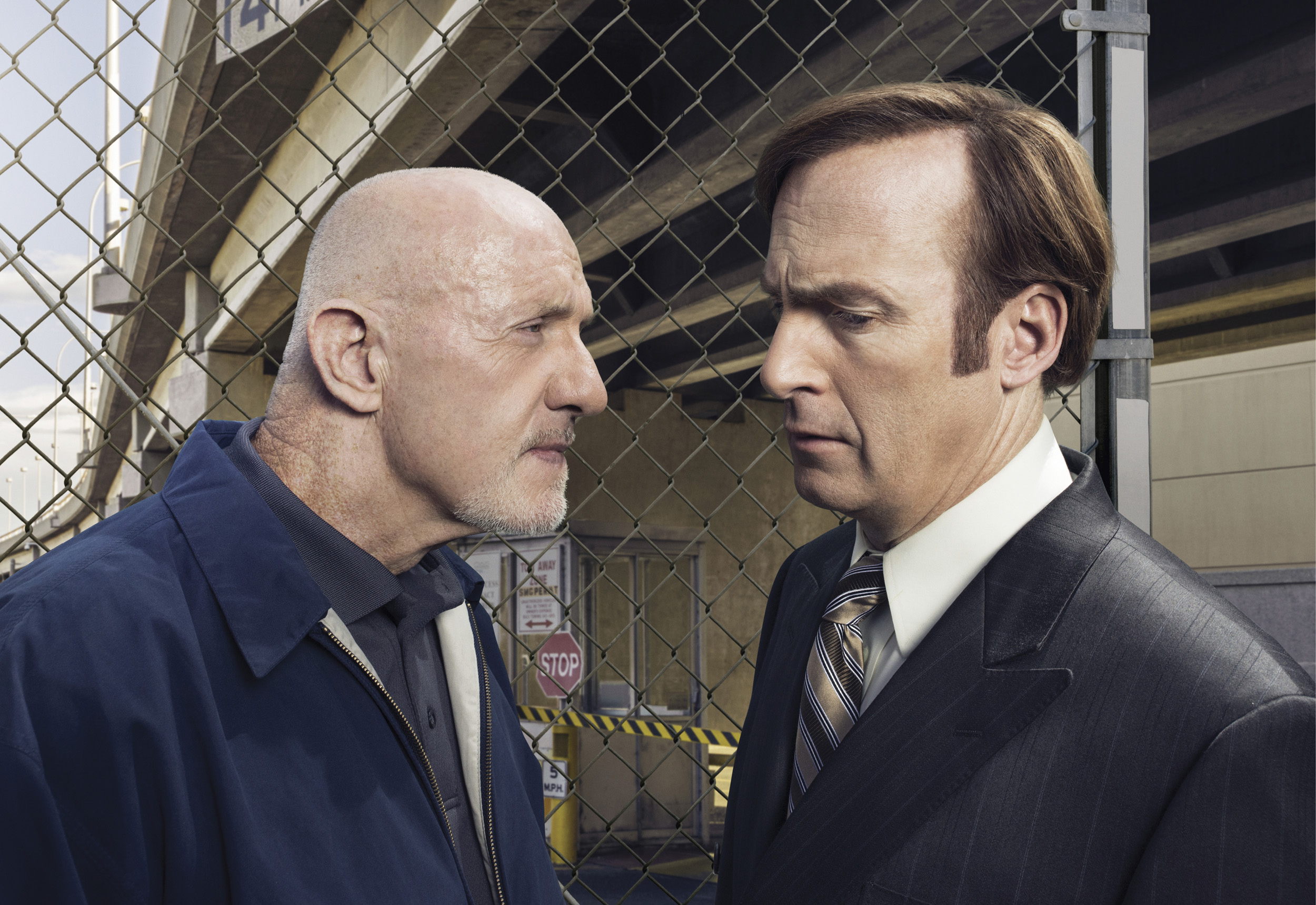 Jonathan Banks as Mike Ehrmantraut and Bob Odenkirk as Saul Goodman in 'Better Call Saul', Season 1.