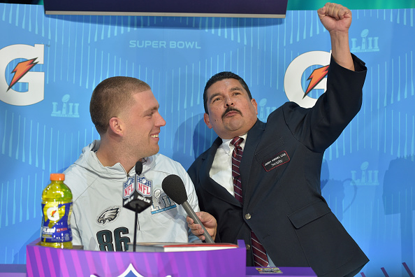Zach Ertz of the Philadelphia Eagles speaks to TV personality Guillermo Rodriguez during Super Bowl Media Day on January 29, 2018 in St Paul, Minnesota.