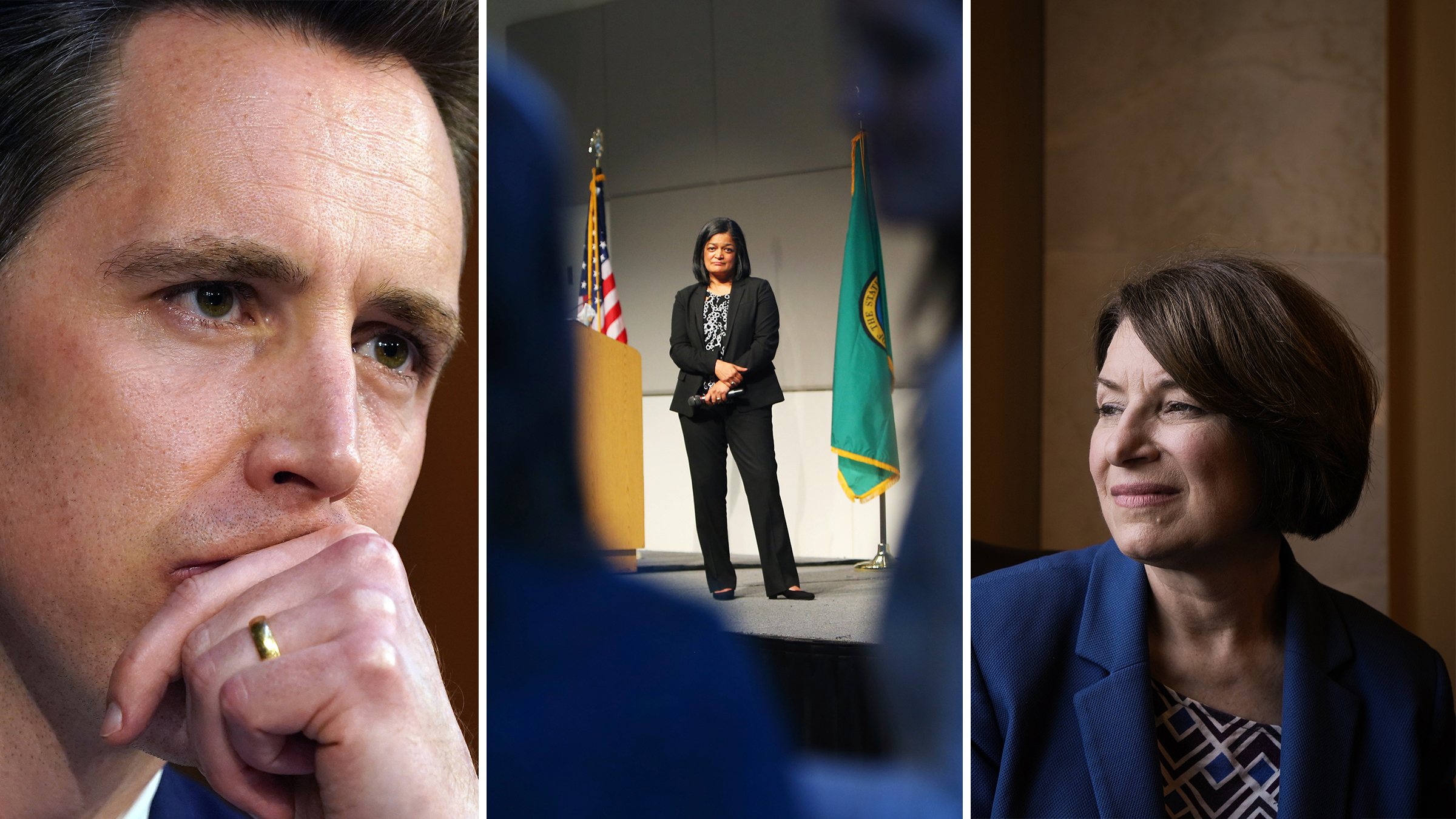 From left: Senator Josh Hawley of Missouri; Representative Pramila Jayapal of Washington; Senator Amy Klobuchar of Minnesota.