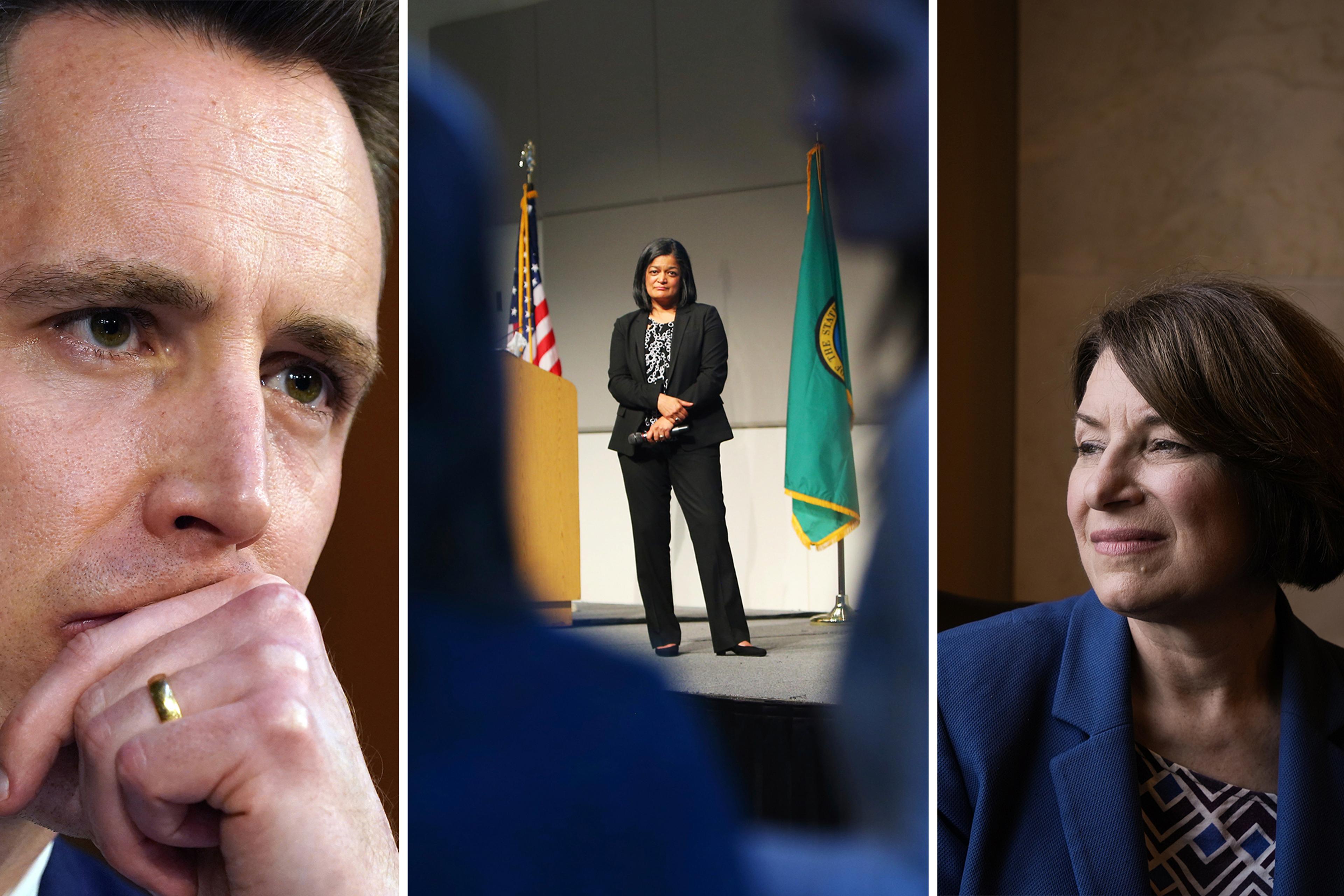 From left: Senator Josh Hawley of Missouri; Representative Pramila Jayapal of Washington; Senator Amy Klobuchar of Minnesota.