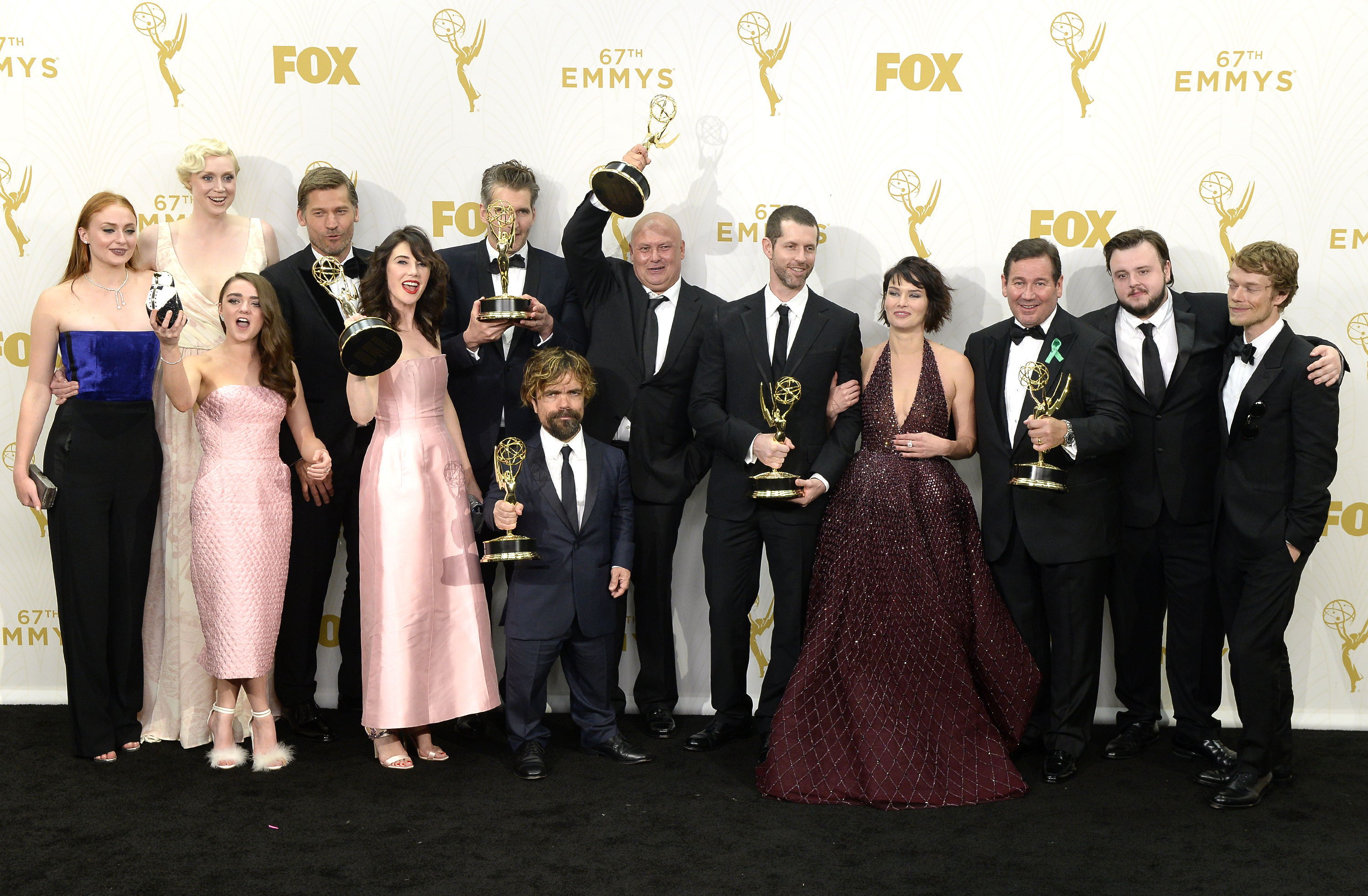 Actors Sophie Turner, Gwendoline Christie, Maisie Williams, Nikolaj Coster-Waldau, Carice van Houten, writer David Benioff, actor Peter Dinklage, Conleth Hill, writer D. B. Weiss, Lena Headey, director David Nutter and actors John Bradley-West and Alfie 