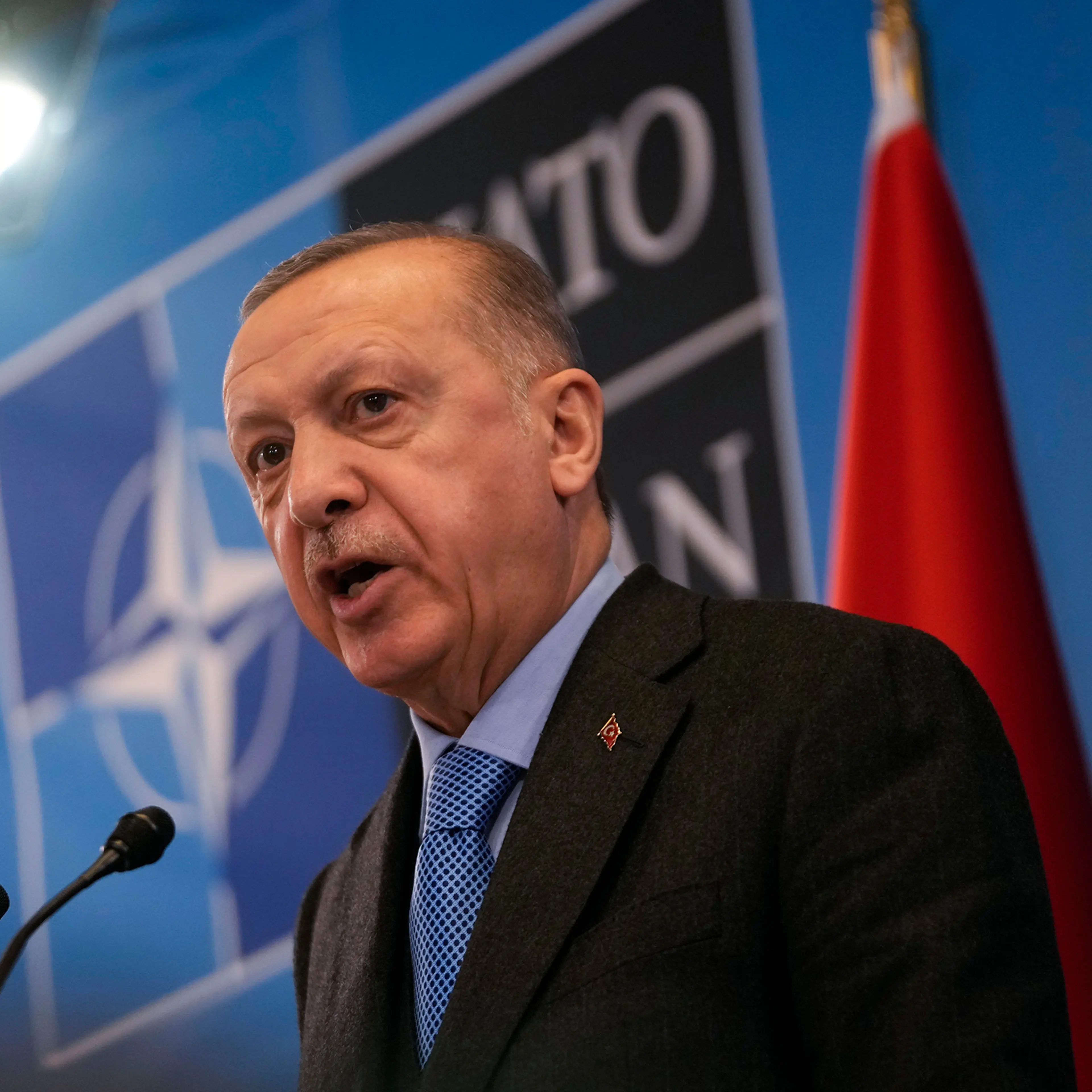 Turkish President Recep Tayyip Erdogan speaks during a media conference after a summit at NATO headquarters in Brussels, March 24, 2022.