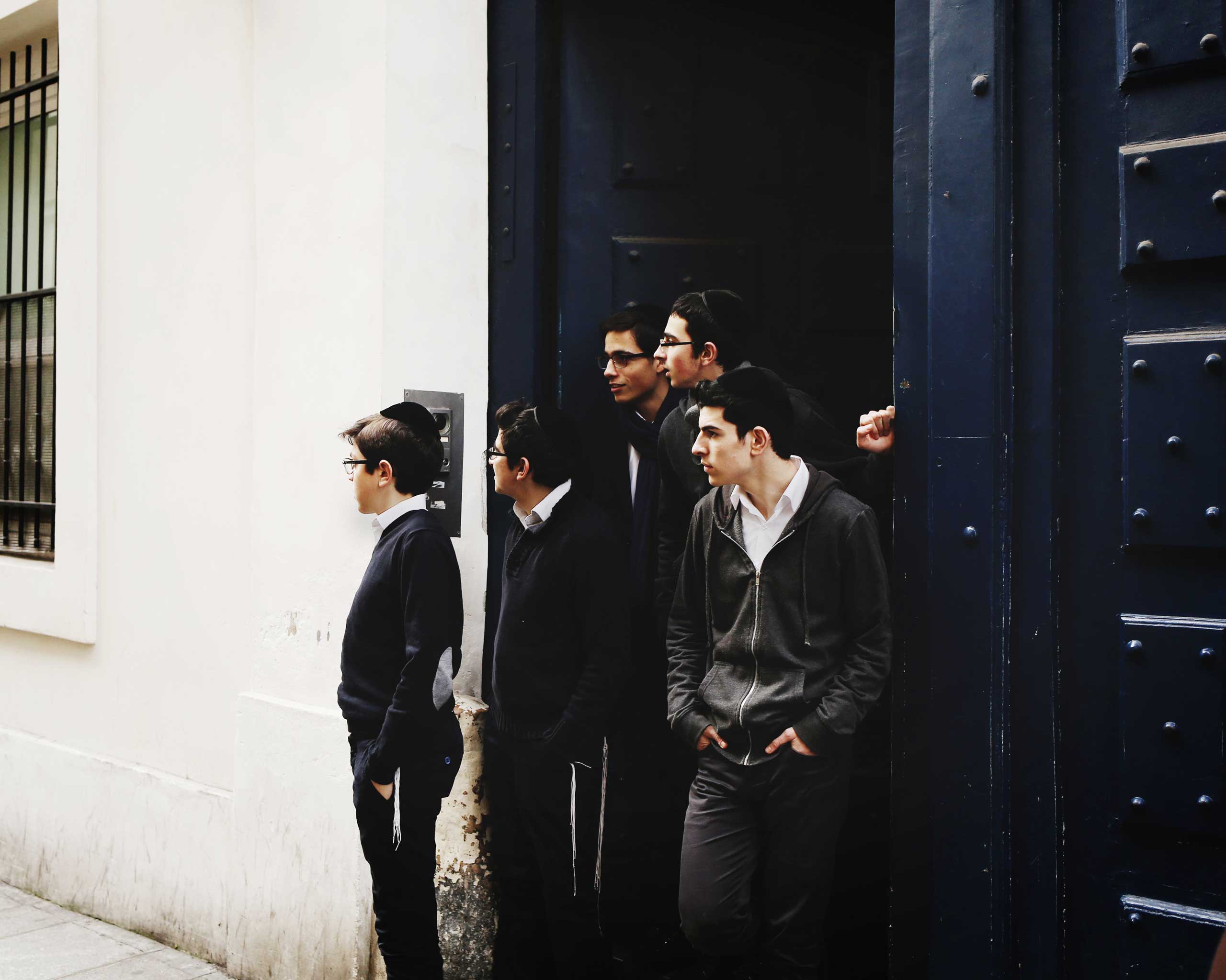Boys in front of the Yeshiva Yad Mordechai in Le Marais, Paris, Jan. 11, 2015.