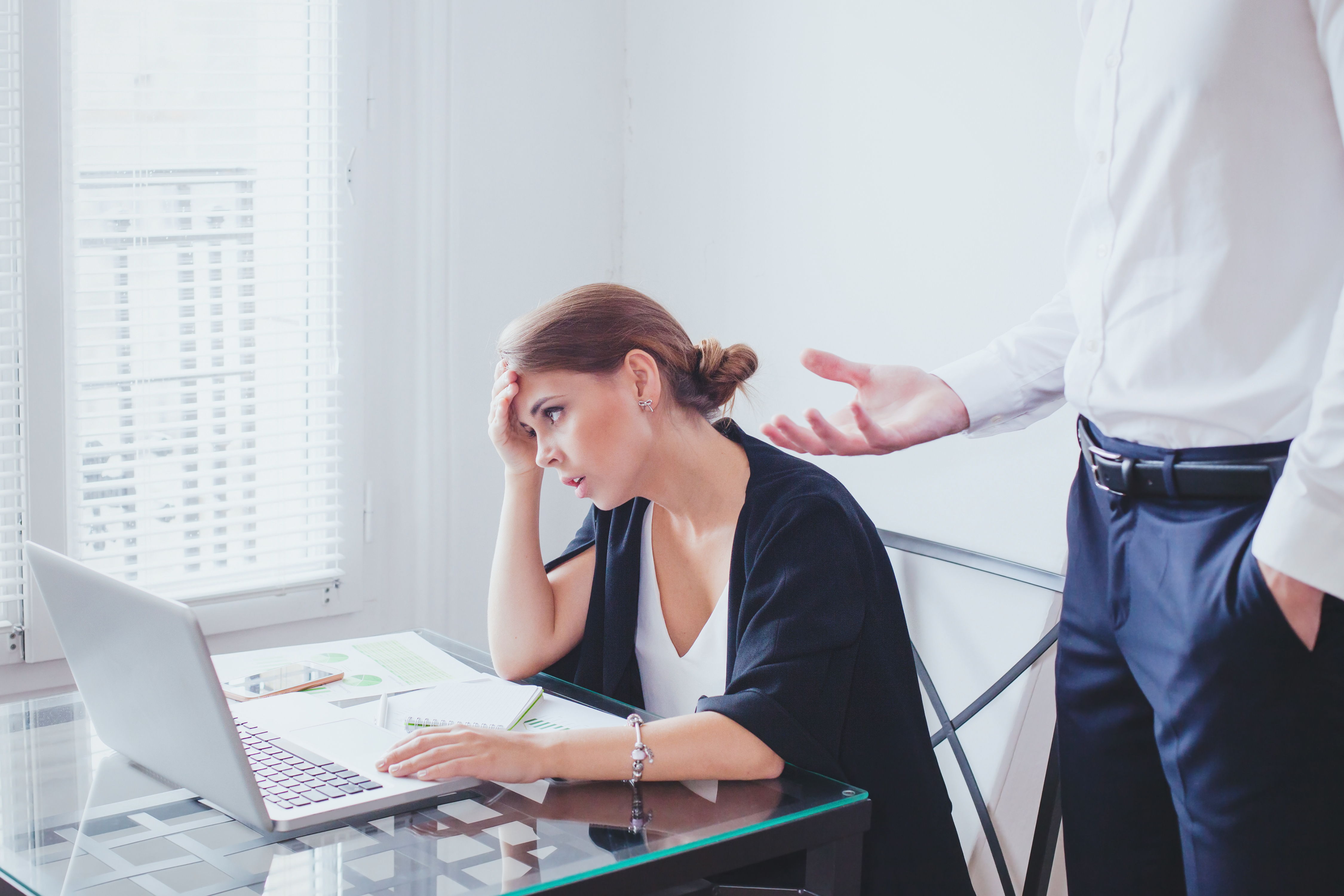 stress at work, emotional pressure, angry boss and  unhappy employee