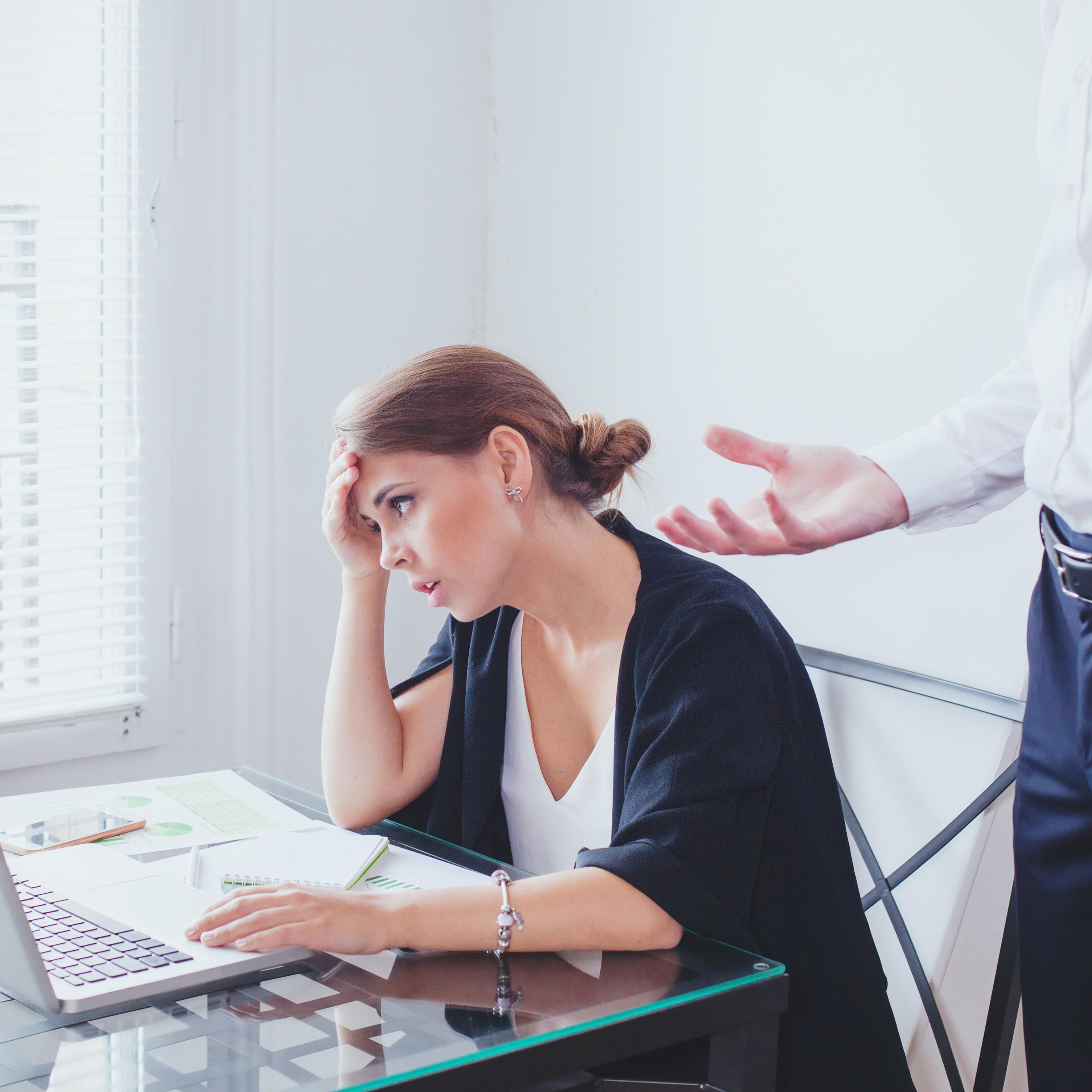 stress at work, emotional pressure, angry boss and unhappy employee