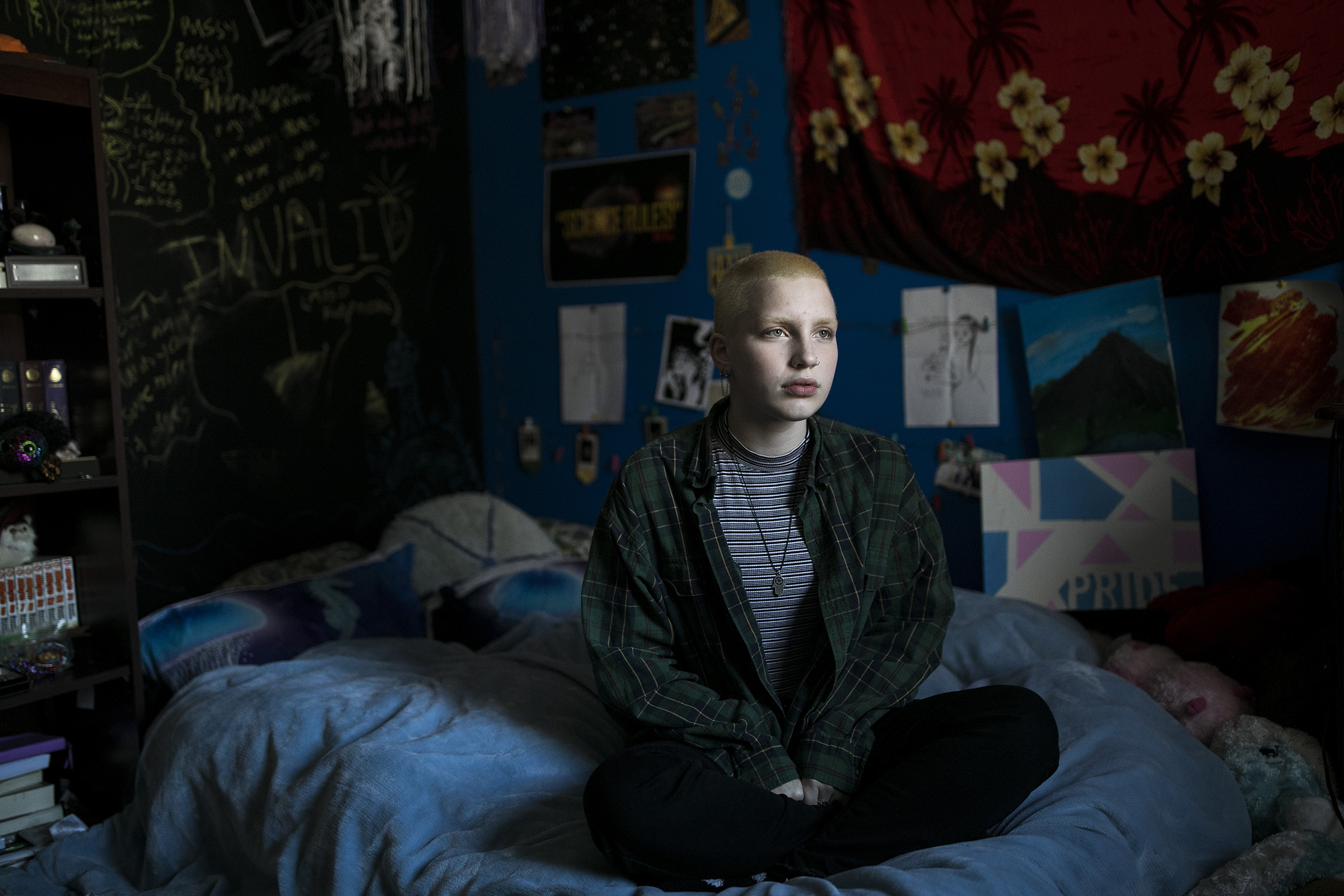 Aidyn Sucec sits in his bedroom in Brownsburg, IN on November 11, 2019. Aidyn left Brownsburg High School and the orchestra after his orchestra teacher refused to use his preferred pronouns.