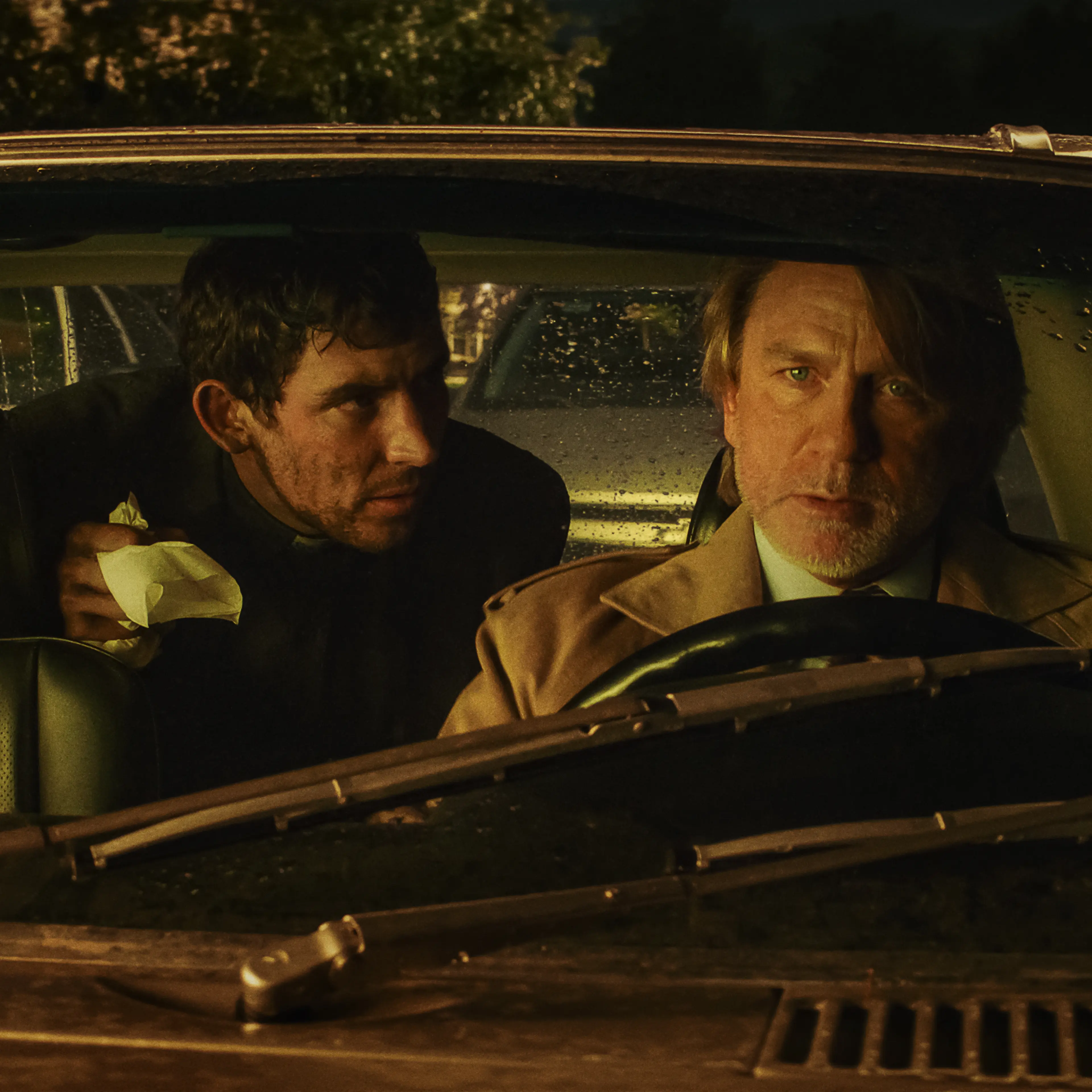 Josh O'Connor as Jud Duplenticy and Daniel Craig as Benoit Blanc in 'Wake Up Dead Man.'