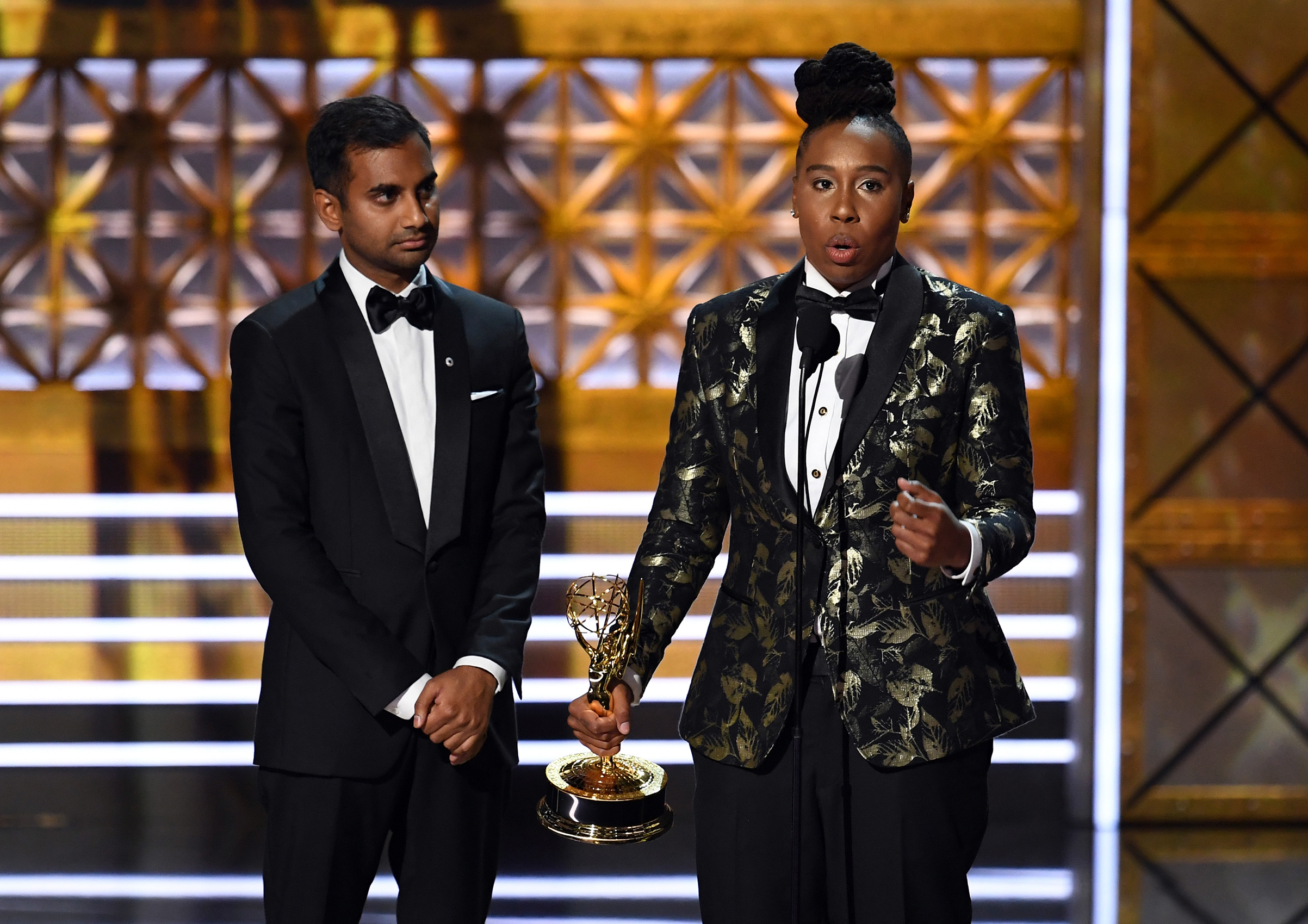Actor/writers Aziz Ansari (L) and Lena Waithe accept Outstanding Writing for a Comedy Series for 'Master of None' (episode 'Thanksgiving') onstage during the 69th Annual Primetime Emmy Awards at Microsoft Theater on September 17, 2017 in Los Angeles, Cal