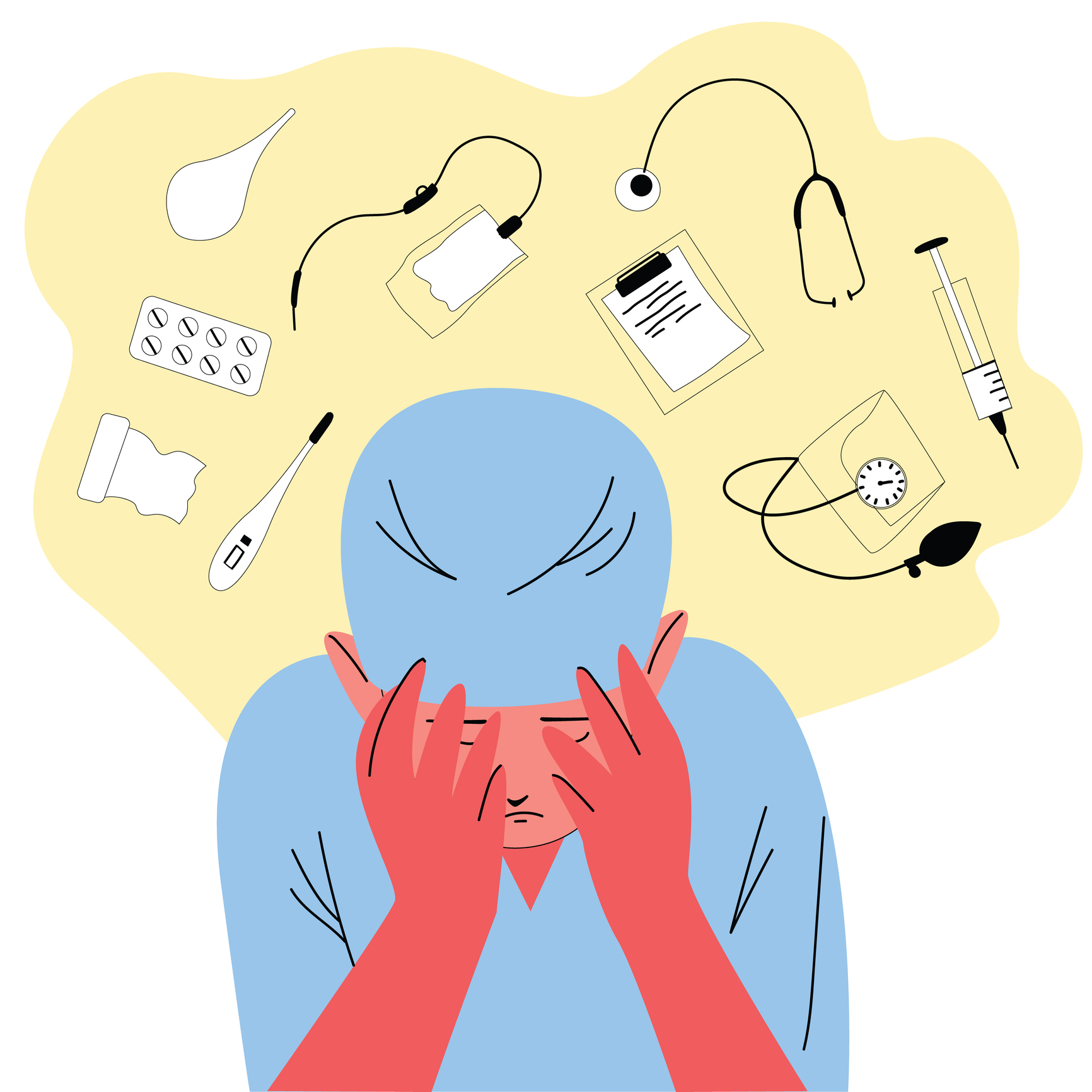 Hand drawn young doctor covers his face with his hands.
