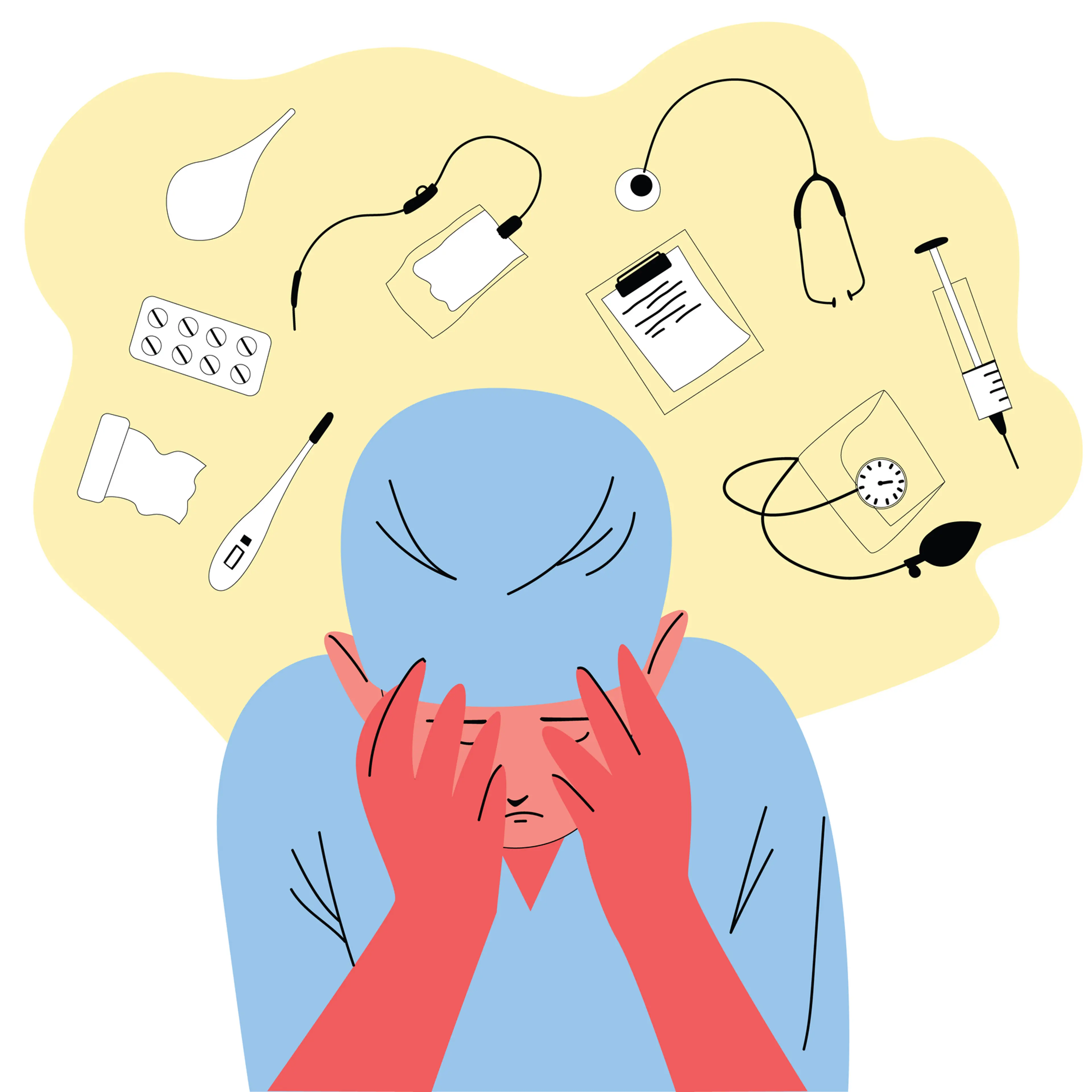 Hand drawn young doctor covers his face with his hands.