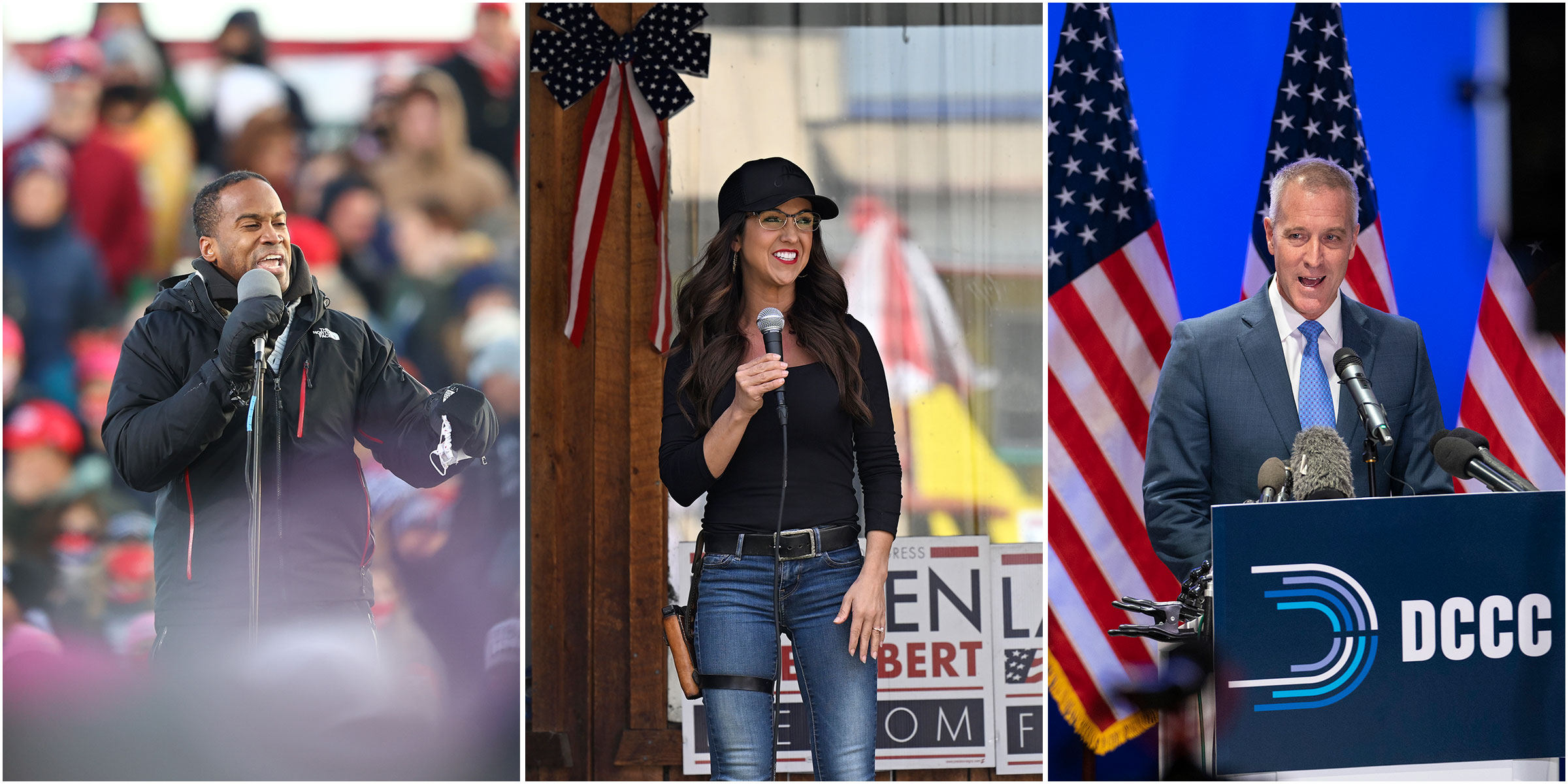 triptych of candidates John James, Lauren Boebert, and Sean Patrick Maloney