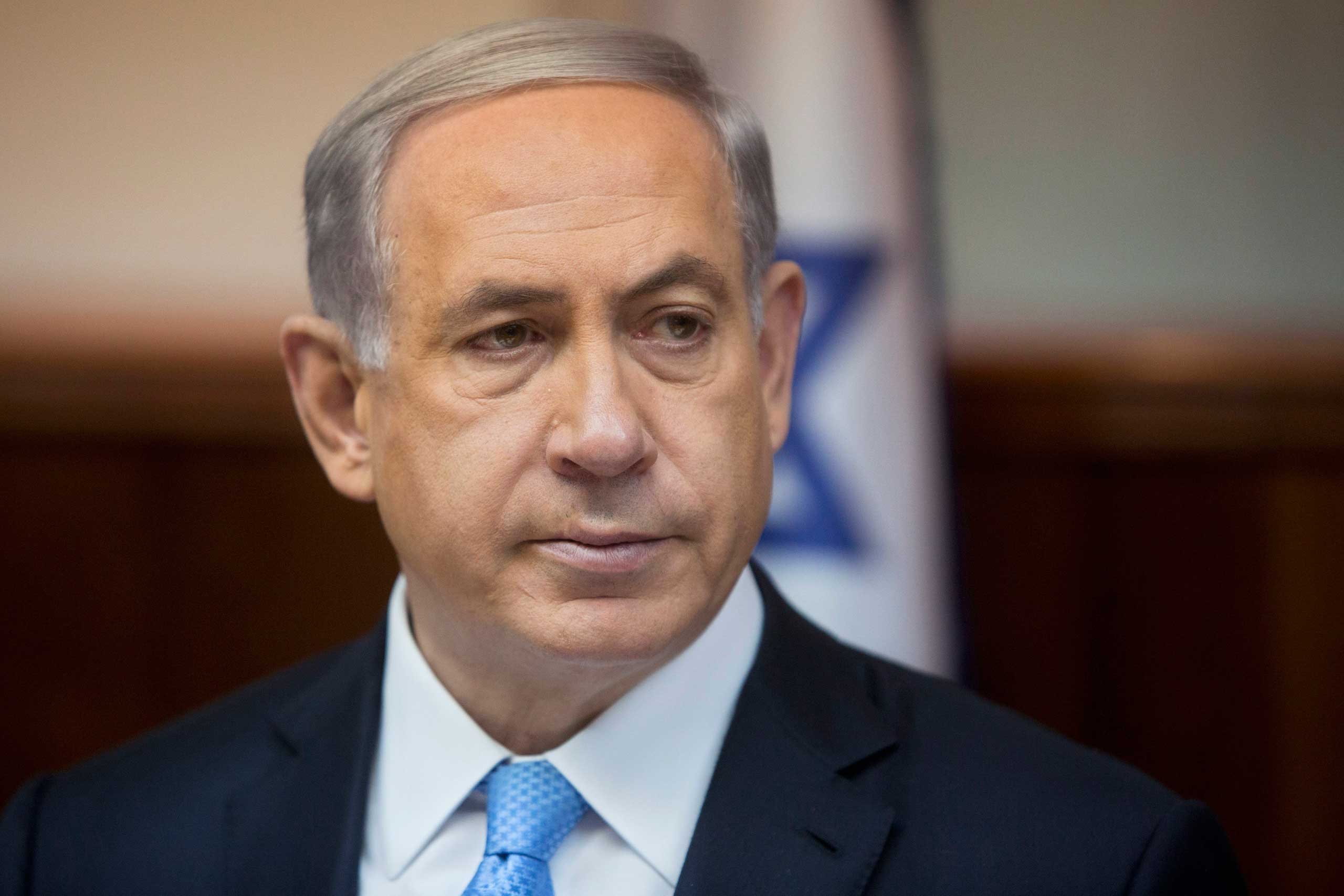 Israeli Prime Minister Benjamin Netanyahu attends the weekly cabinet meeting in his Jerusalem office on Feb. 8, 2015.