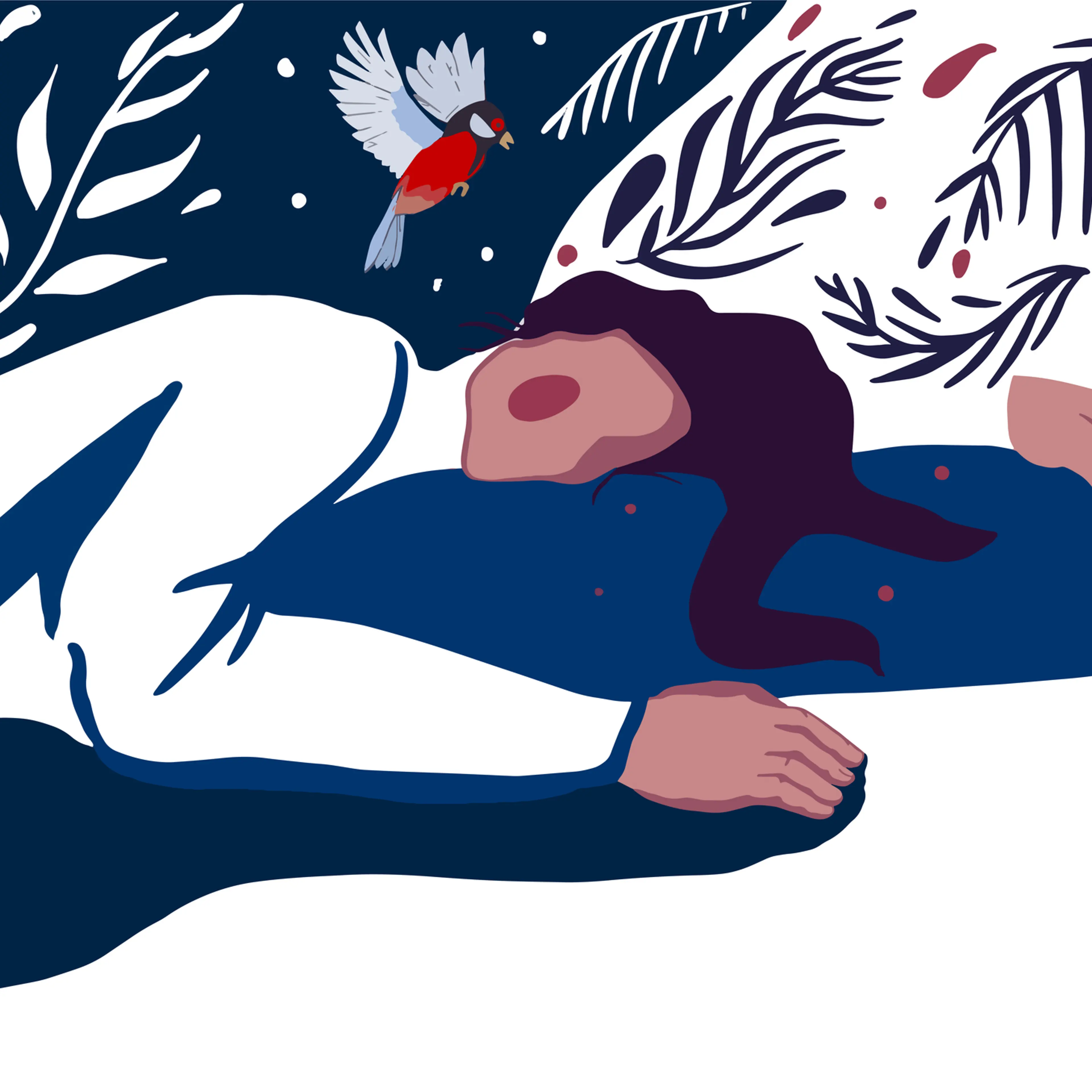 Romantic illustration of a sleeping young woman with rosy cheeks.
