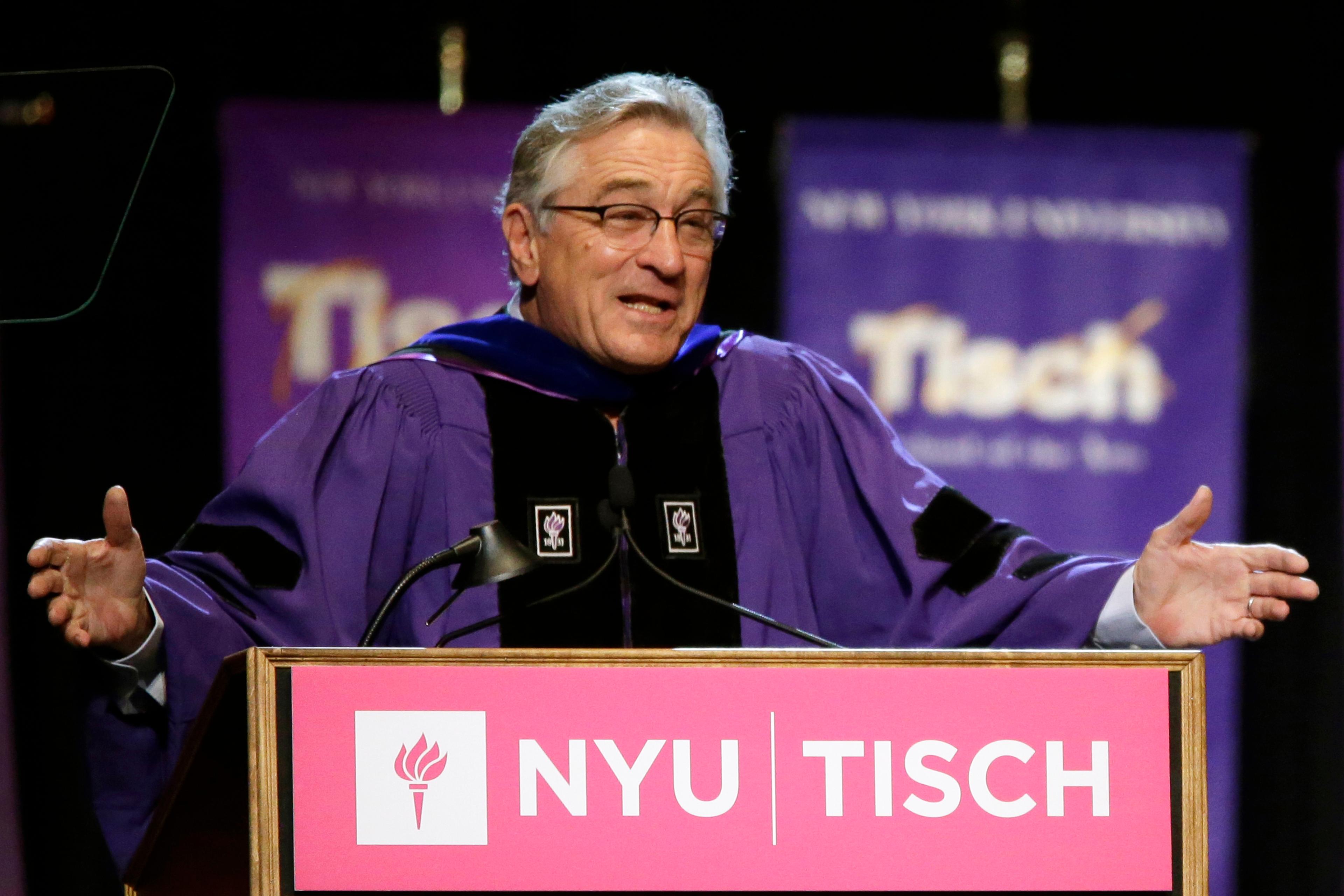 Actor Robert De Niro addresses the class of 2015, faculty, and guests during New York University's Tisch School of the Arts commencement ceremony
