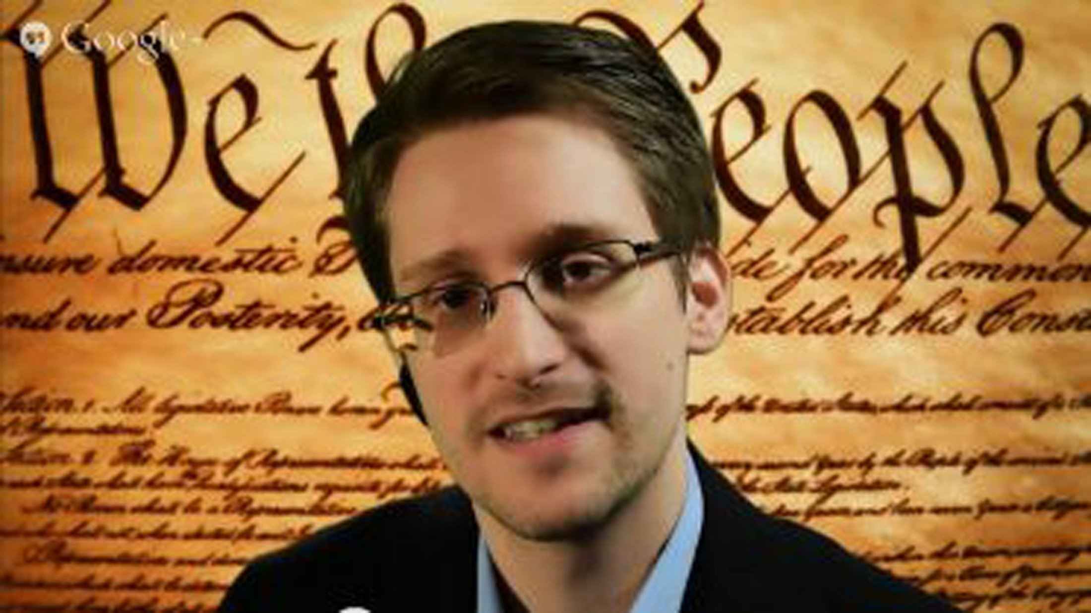 A screengrab shows Snowden speaking via video conference during a panel discussion on internet privacy at the South by Southwest Interactive festival in Austin