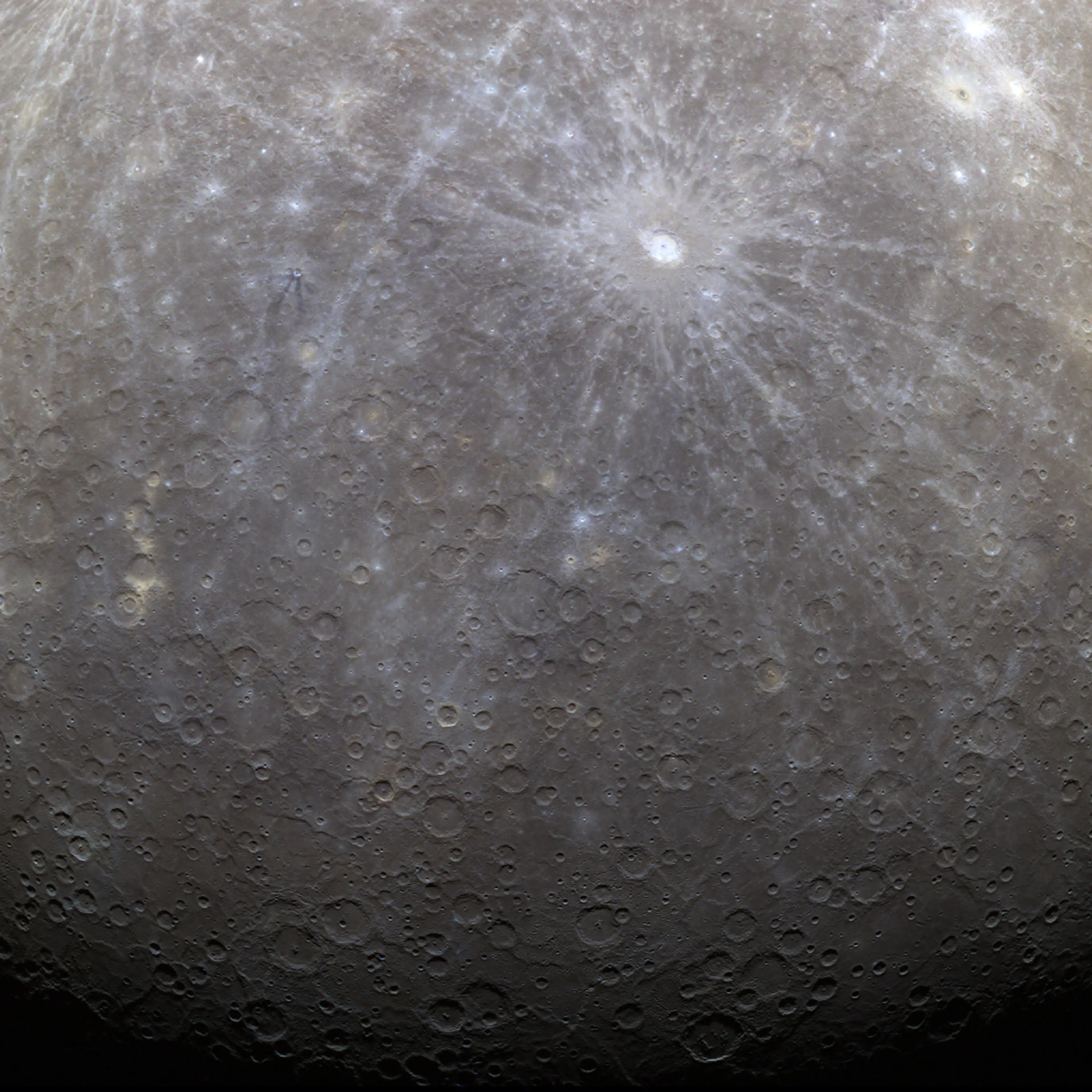 The horizon of Mercury (bottom left) will soon be a rare view as Messenger settles into an orbit that will take it as low as 160 miles (257 km) above the suface. Bright rays from the Hokusai crater attest to the force of the meteor blast that carved out the scar on this old and battered world. The far right side of the image, which was taken on March 29, covers about 750 miles (1,200 km).