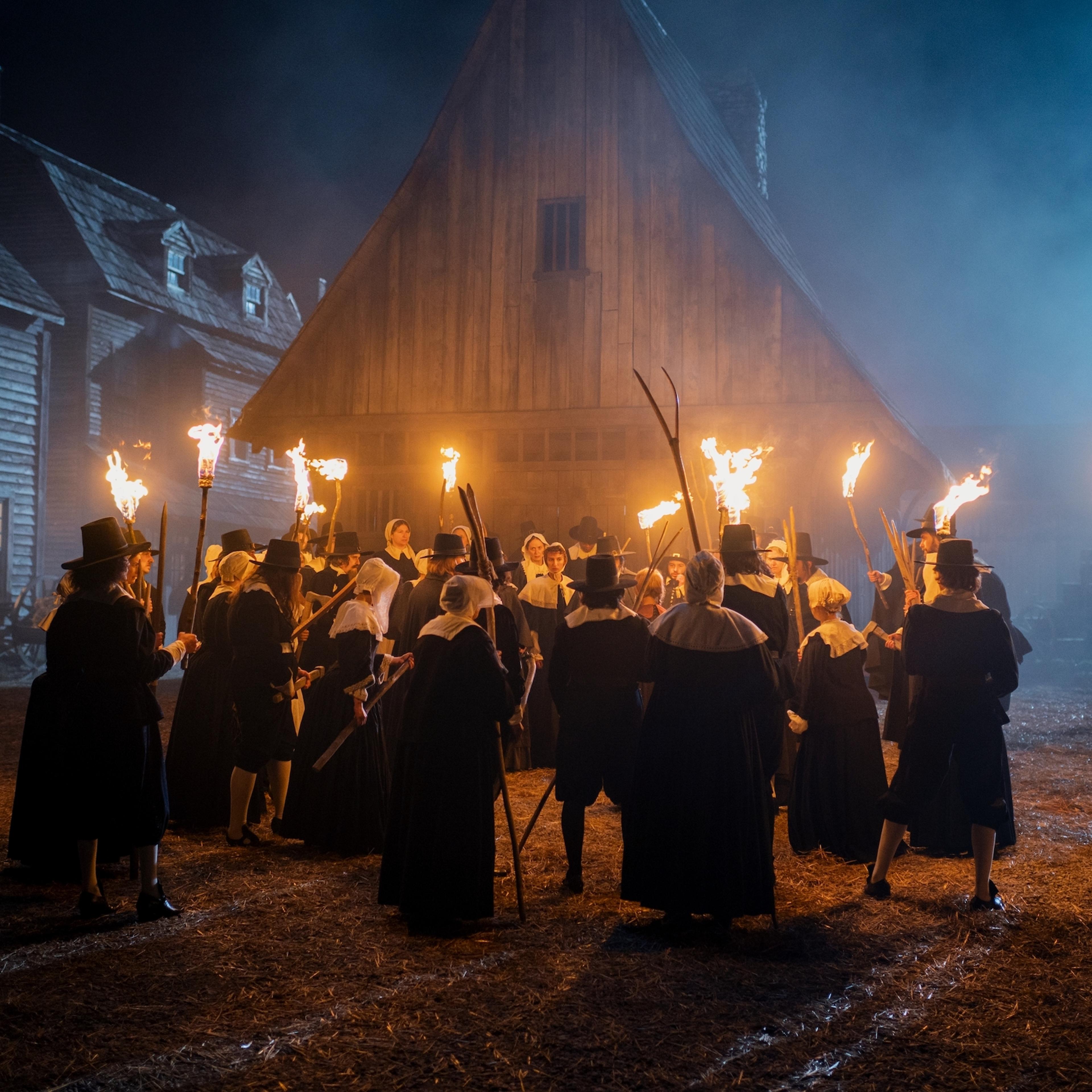 A mob of settlers in traditional black and white pilgrim attire stands in a circle with lighted torches and pitchforks.
