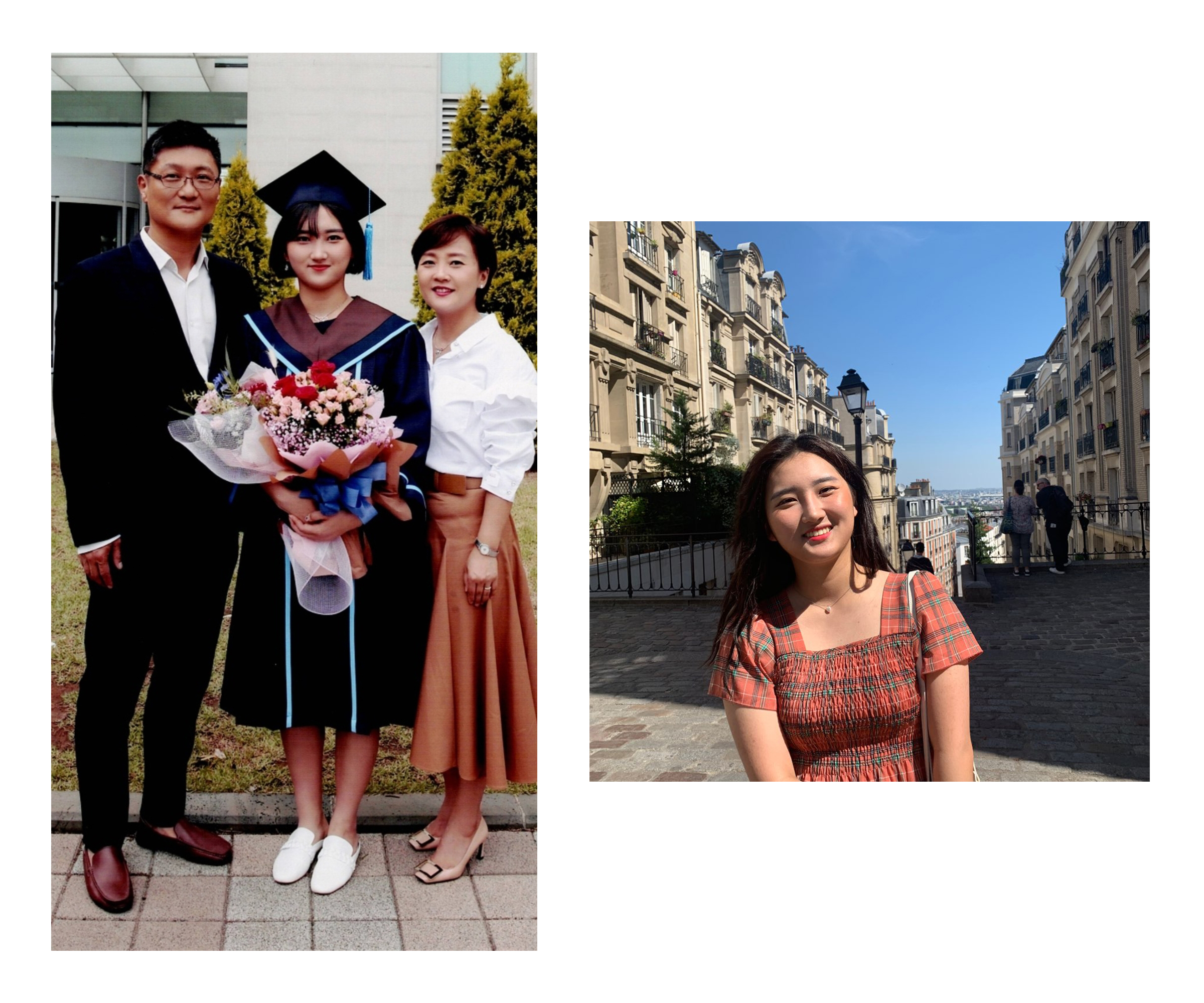 Left: Yujin Choi's graduation day at NLCS Jeju on TK date, alongside her father and mother Mi Jeong Seo. Right: Yujin in France in July 2019 after graduation. "We all love her smile. But we all didn't know that this photo will be used [for] her memorial alter photo," says Young-Joo Choi.