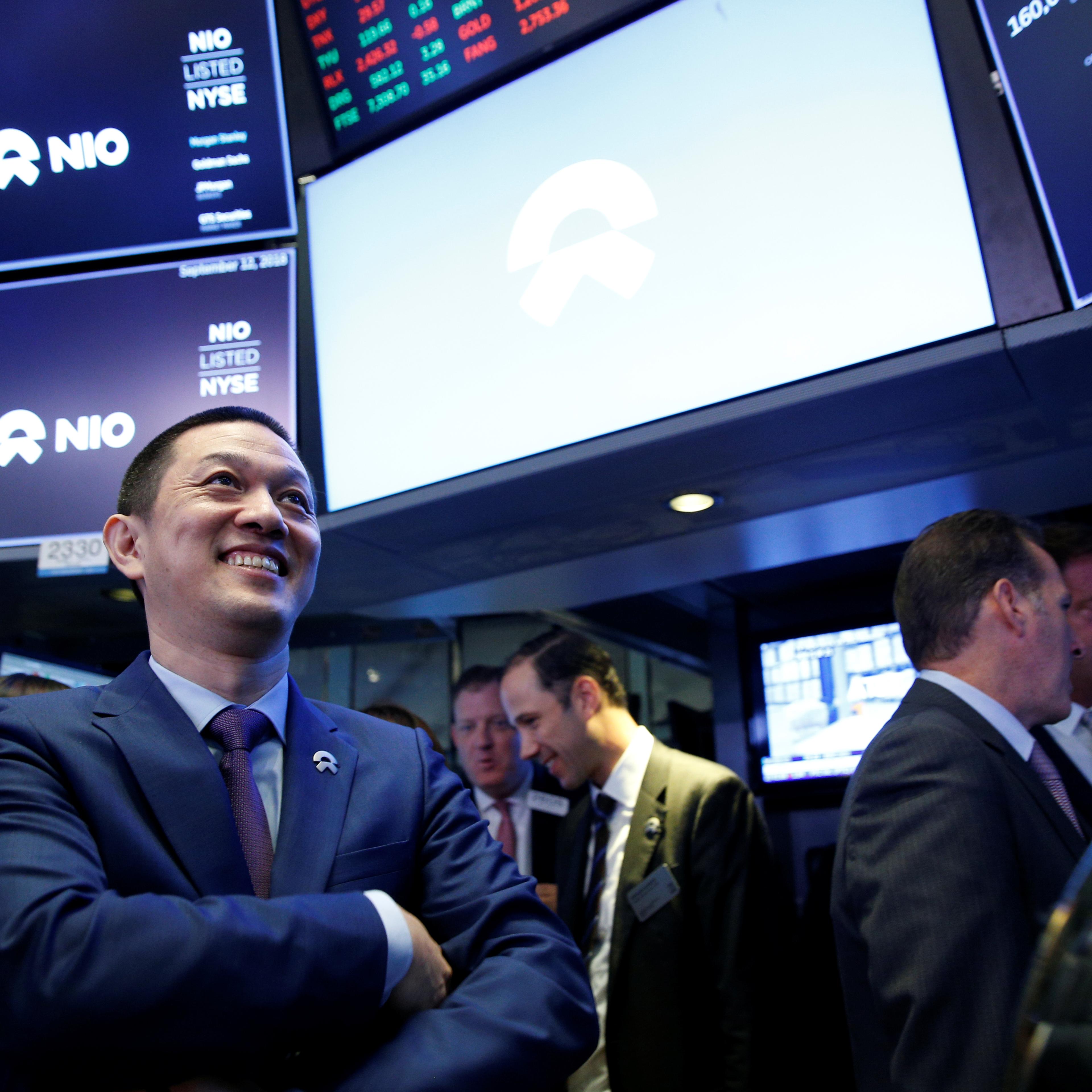 Bin Li, CEO of Chinese electric vehicle start-up Nio Inc., celebrates the companys initial public offering (IPO) at the NYSE in New York