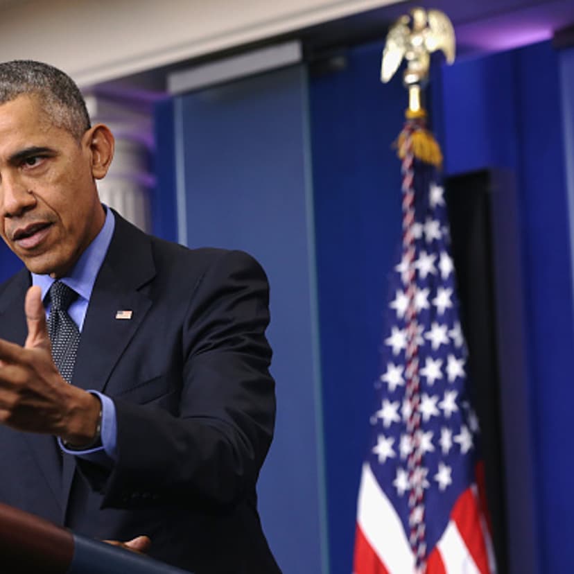 U.S. President Barack Obama speaks to the media during his year end news conference in the Brady Briefing Room at the White House December 18, 2015 in Washington, DC.