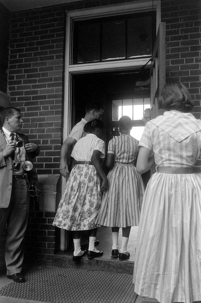 Students enter a previously segregated school, Arkansas, 1958.