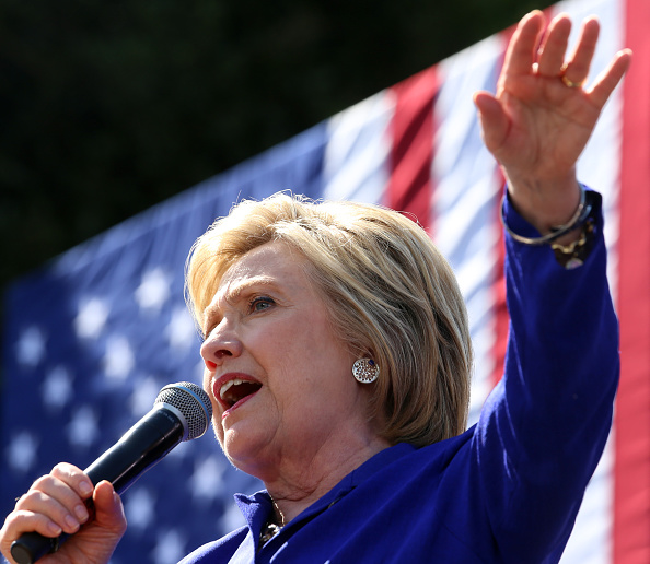 Democratic presidential candidate Hillary Clinton gives a speech at a Get Out The Vote rally in Leimert Park Village Plaza a day before the California Primary on June 6, 2016 in Los Angeles, California.