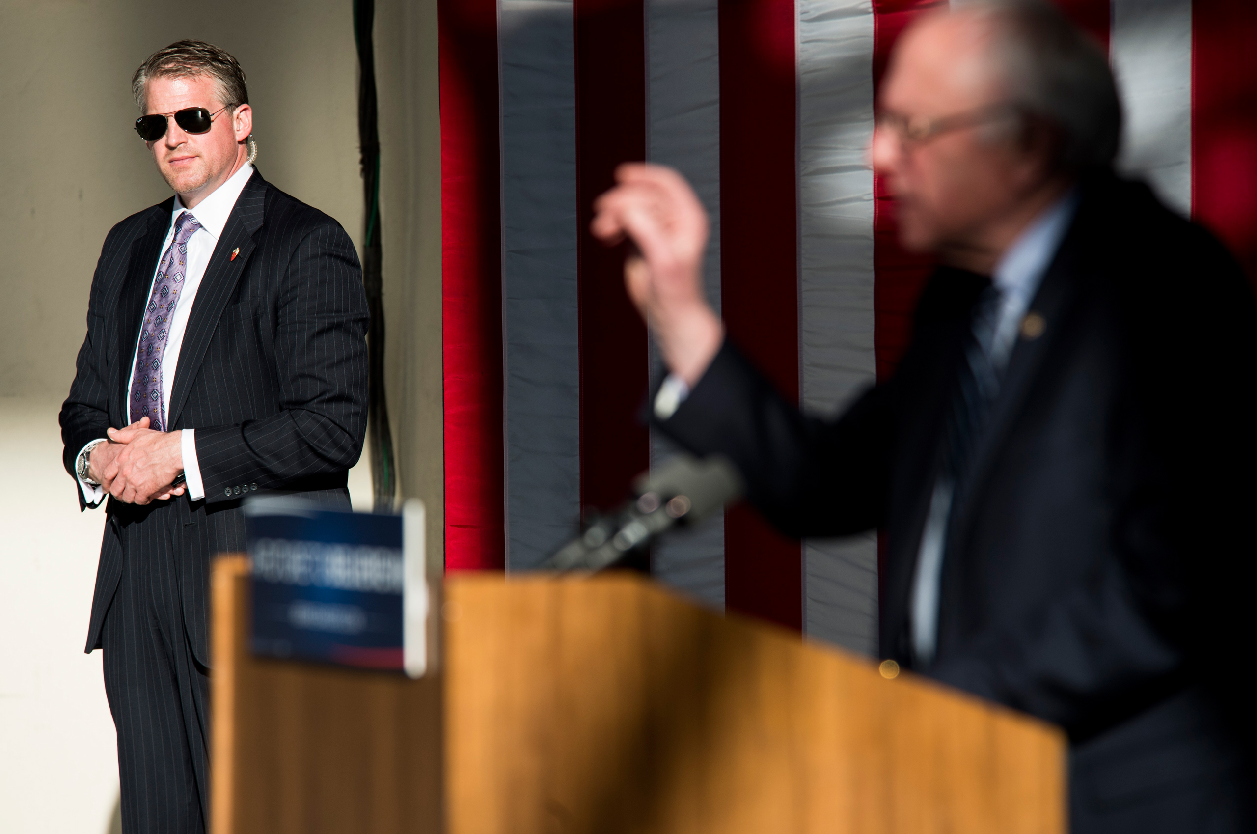 Secret Service guards the stage as presidential candidate Bernie Sanders speaks to supporters during the Bernie 2016 Nevada Caucus Watch Party in Henderson, Nev., on Feb. 20, 2016.