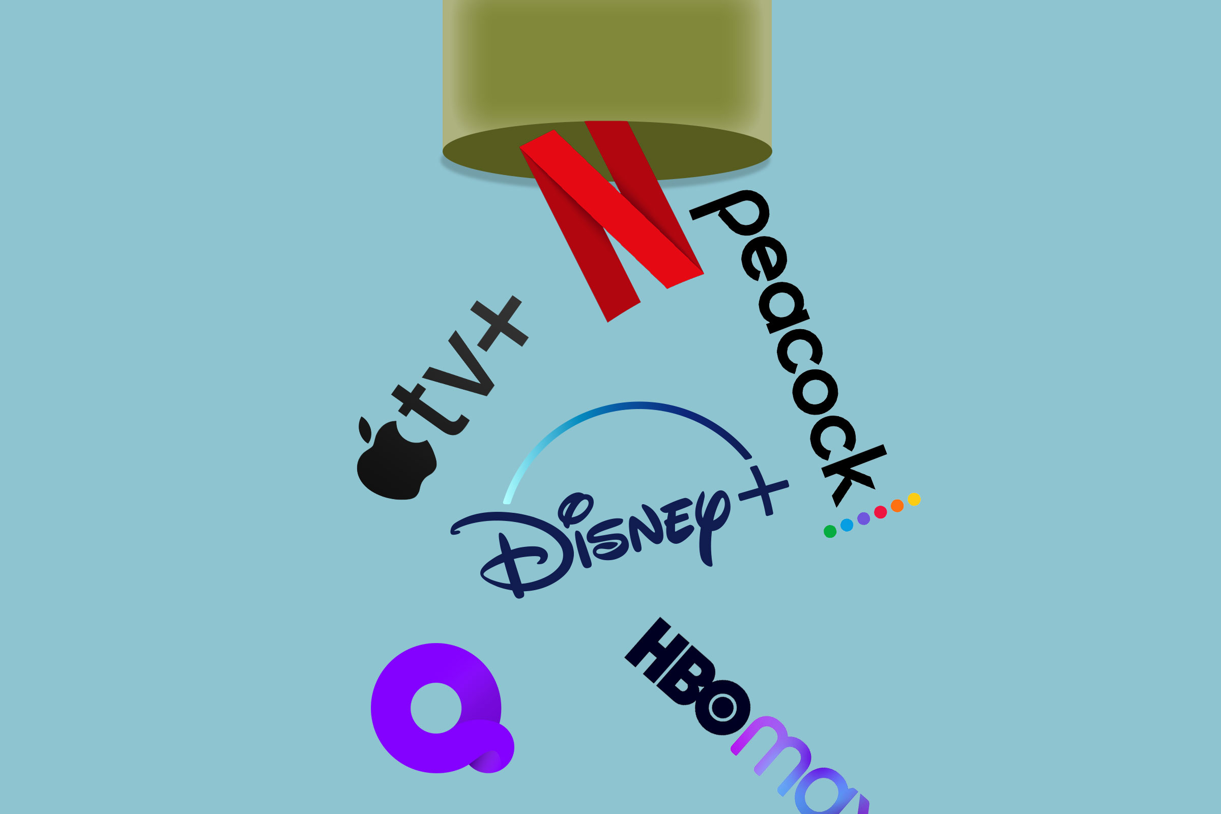different logos of streaming services falling out of a pipe