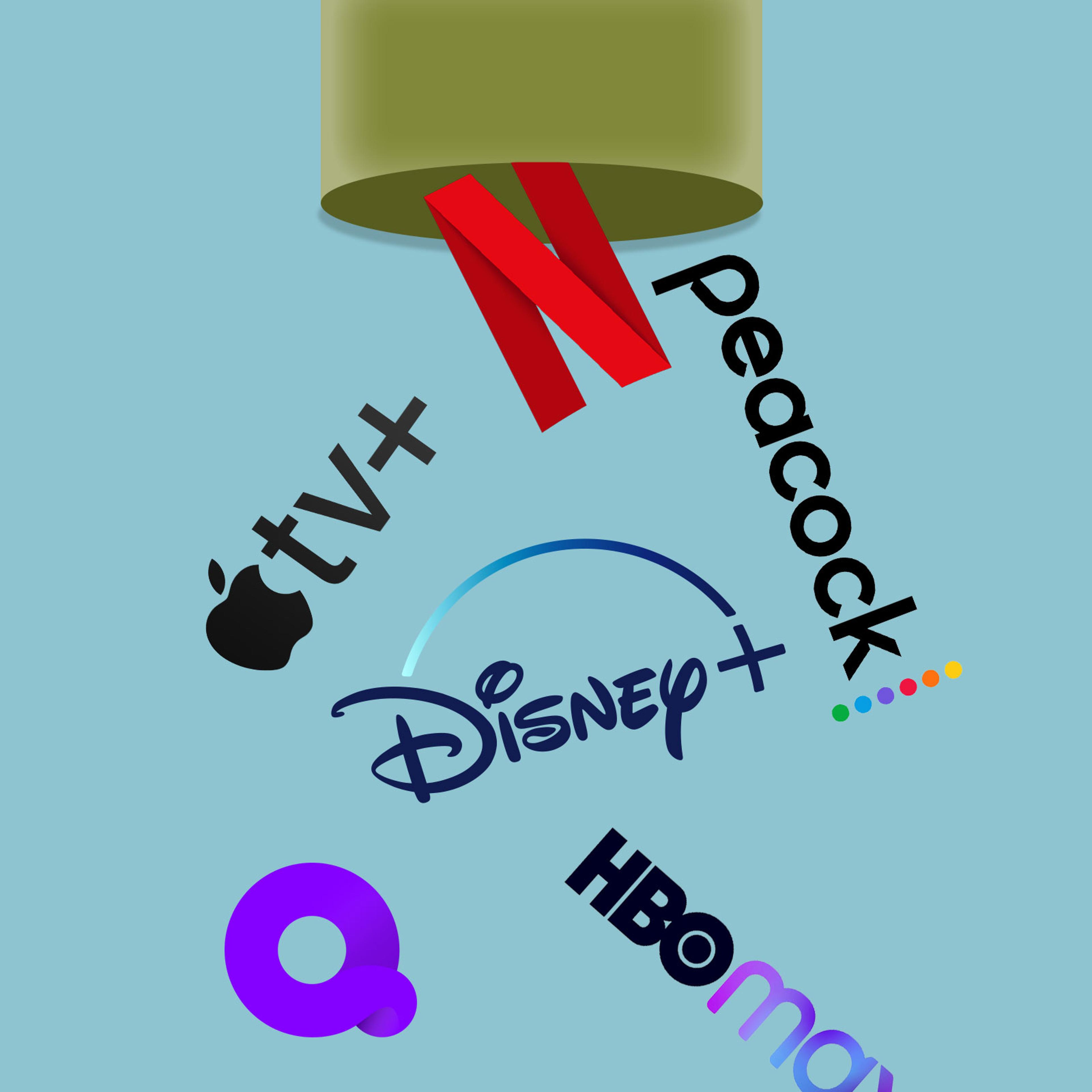 different logos of streaming services falling out of a pipe