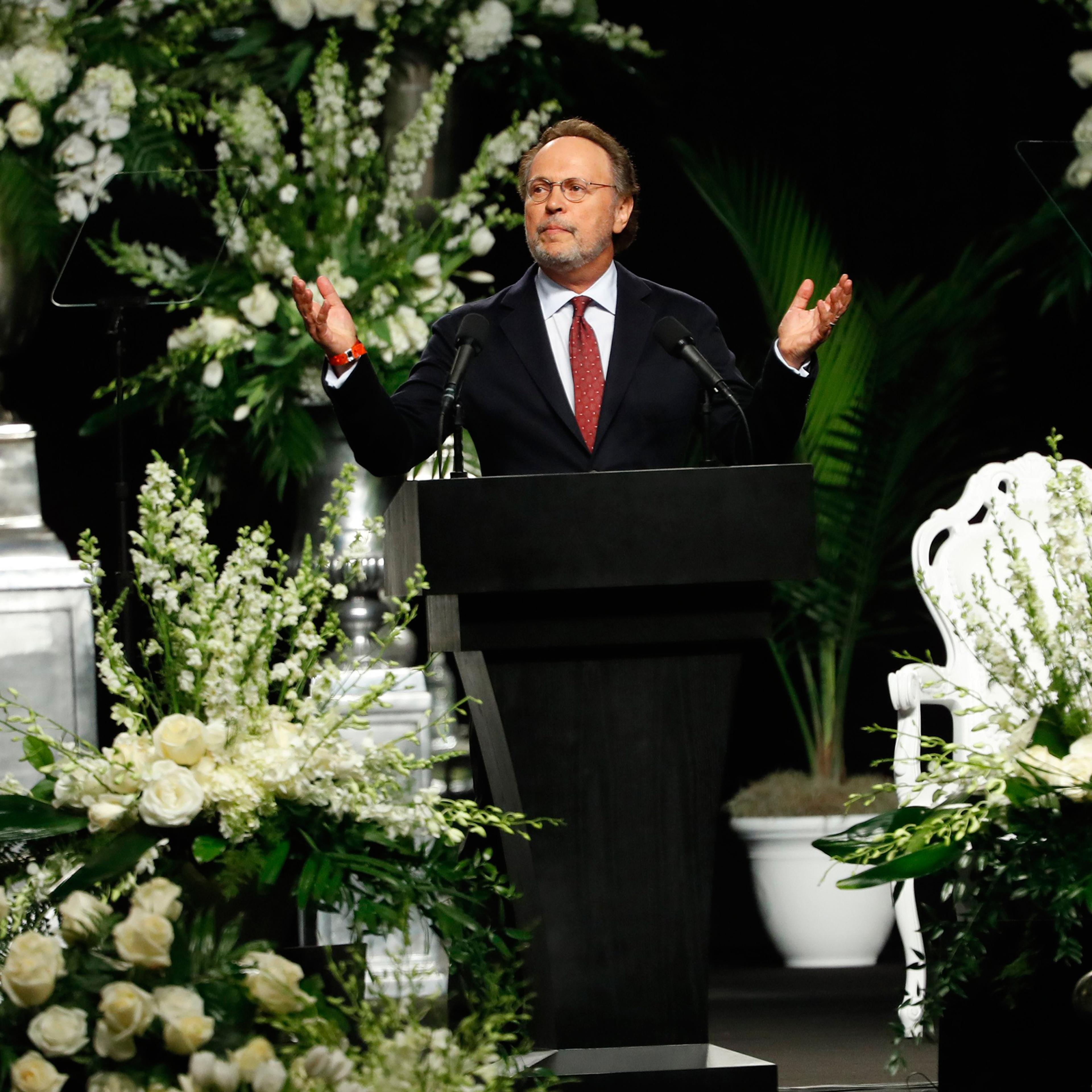LOUISVILLE, KY - JUNE 10: Billy Crystal speaks during a memorial service for boxing legend Muhammad Ali on June 10, 2016 at the KFC Yum! Center in Louisville, Kentucky. Ali died June 3 of complications from Parkinson's disease. (Photo by Aaron P. Bernste