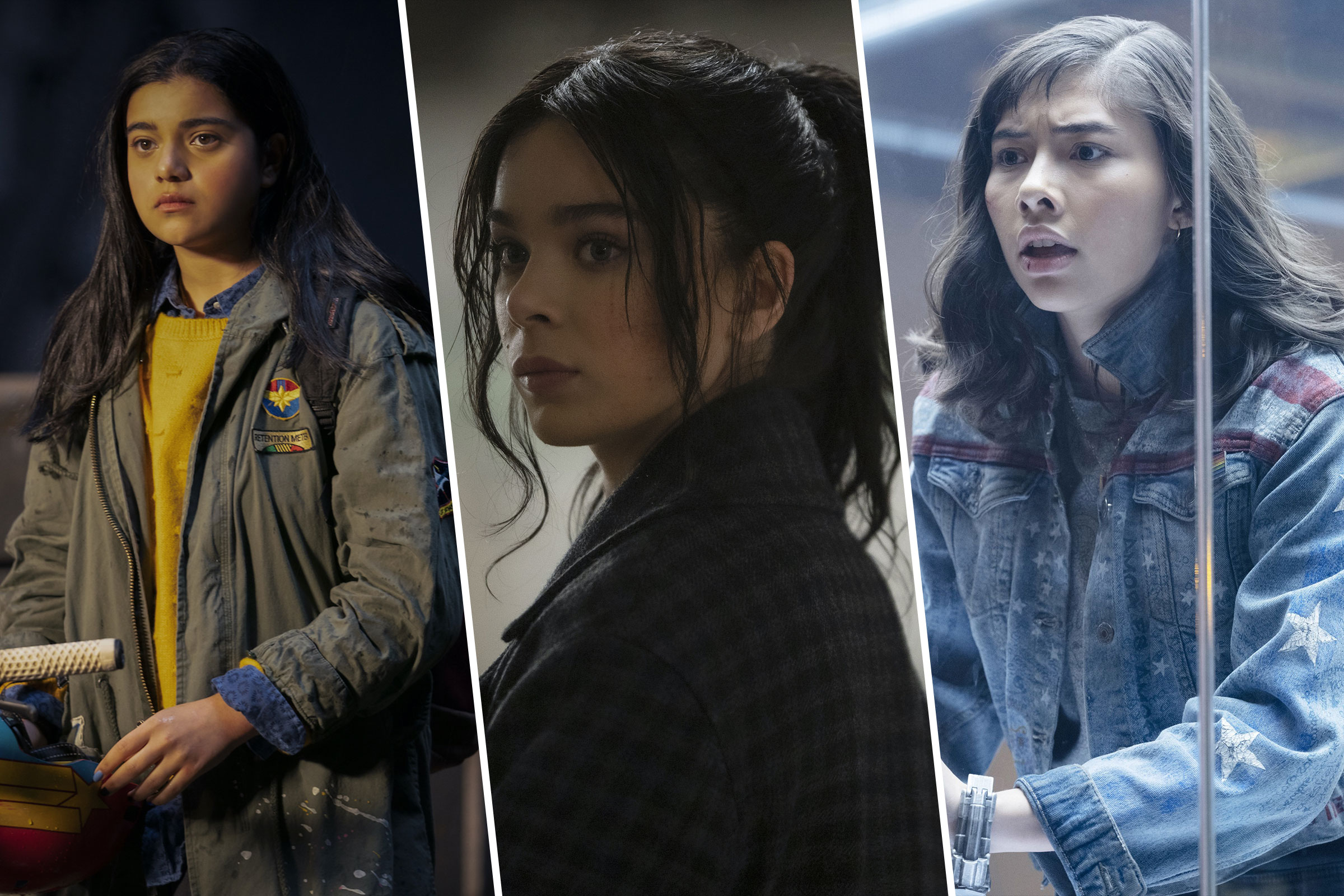 Iman Vellani as Kamala Khan in <em>Ms. Marvel</em>; Hailee Steinfeld as Kate Bishop in <em>Hawkeye</em>; Xochitl Gomez as America Chavez in <em>Doctor Strange in the Multiverse of Madness </em>