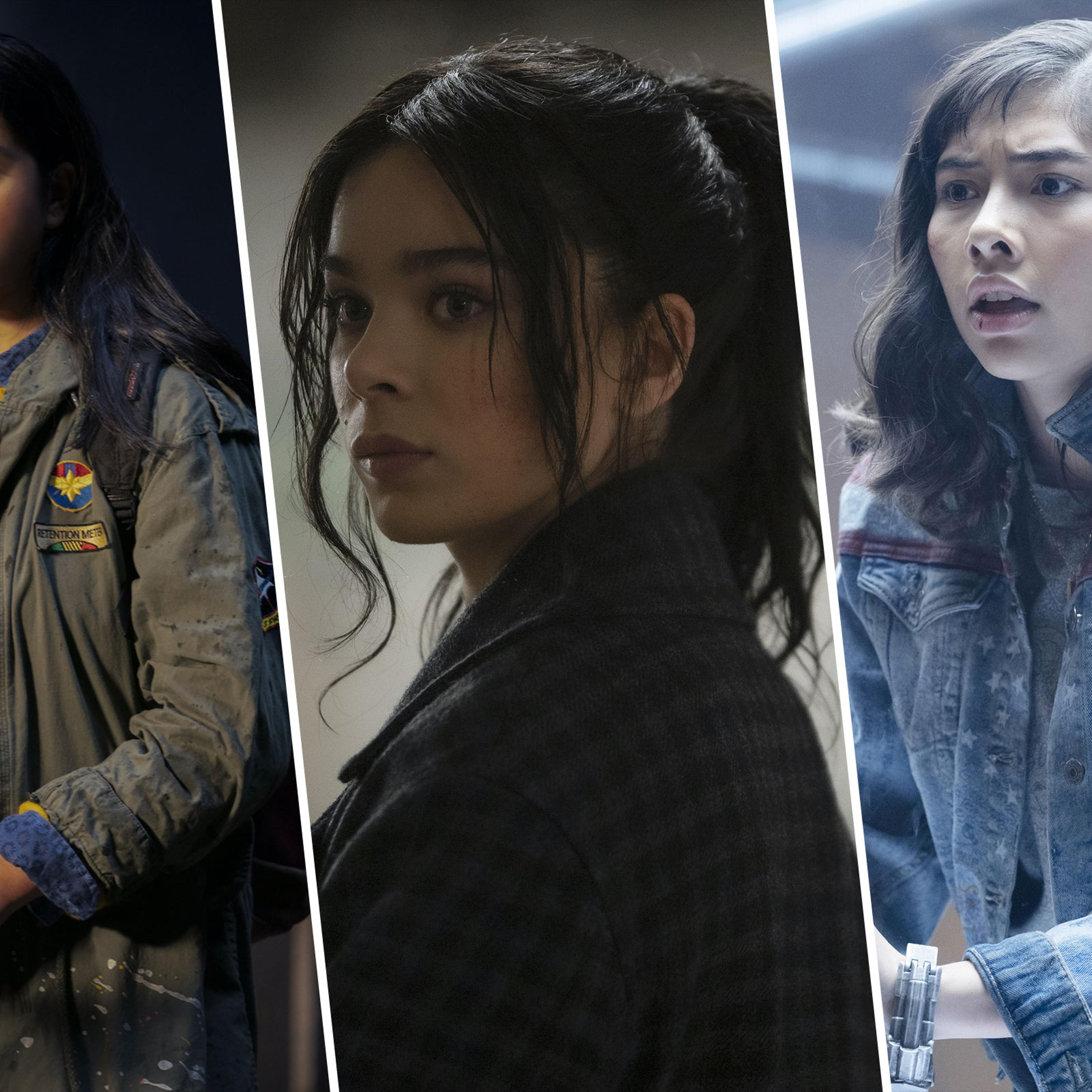 Iman Vellani as Kamala Khan in <em>Ms. Marvel</em>; Hailee Steinfeld as Kate Bishop in <em>Hawkeye</em>; Xochitl Gomez as America Chavez in <em>Doctor Strange in the Multiverse of Madness </em>