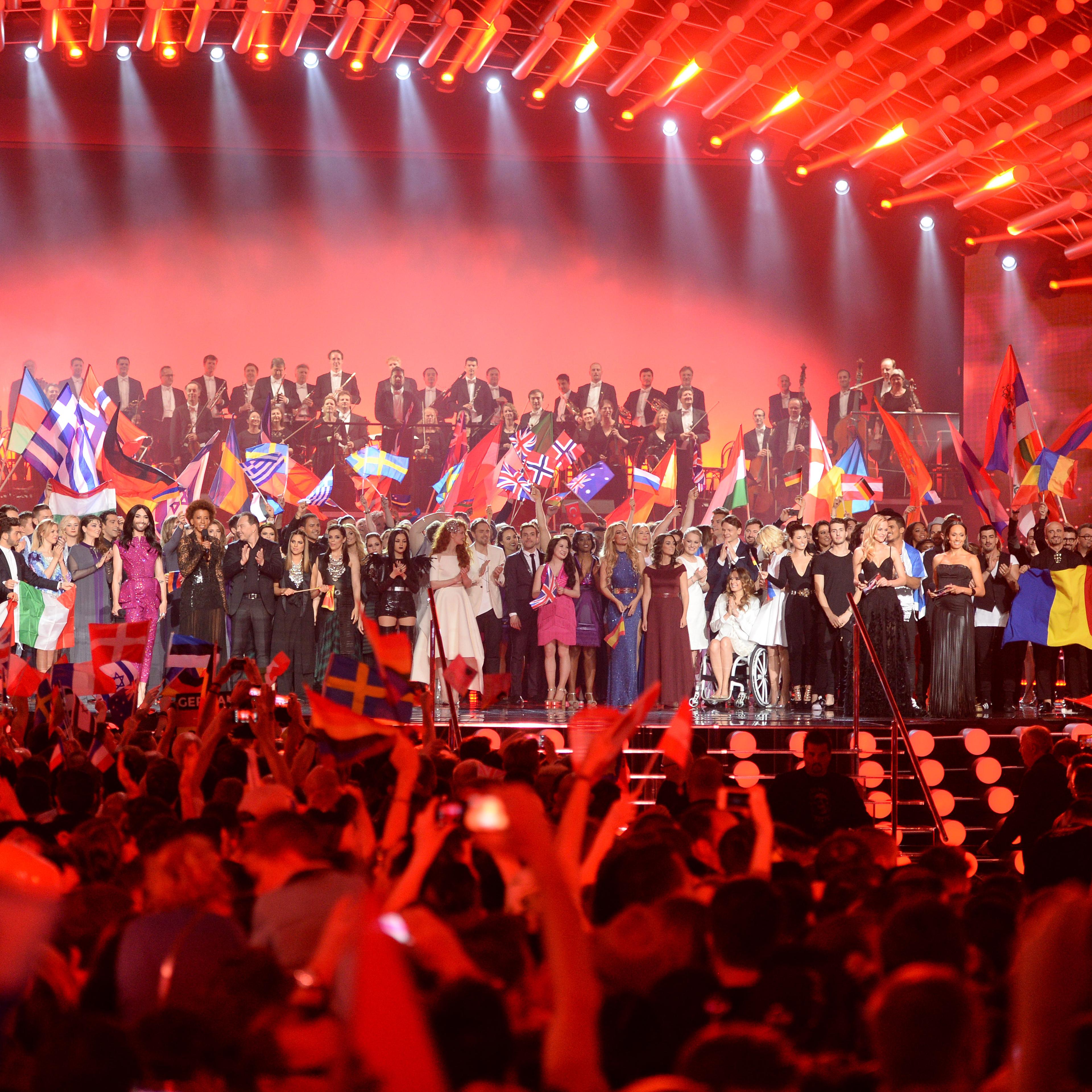 All participants stand on stage during the final of the Eurovision Song Contest 2015 on May 23, 2015 in Vienna, Austria.