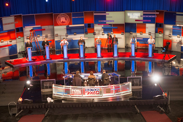 Workers test the setup at the Milwaukee Theater for the Republican presidential debate sponsored by Fox Business News and the Wall Street Journal on November 9, 2015 in Milwaukee, Wisconsin.