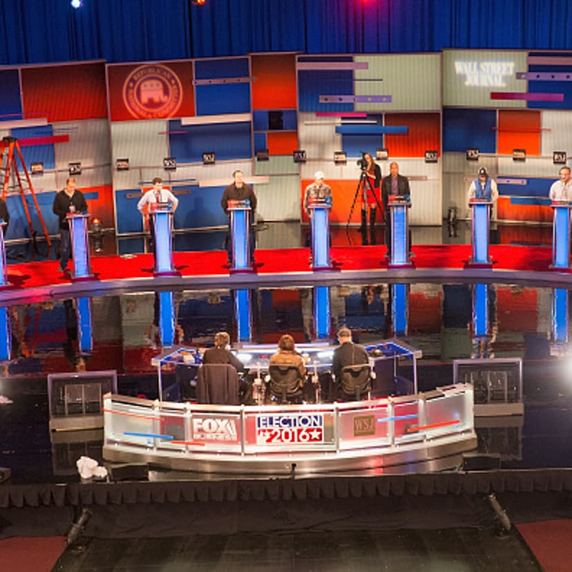 Workers test the setup at the Milwaukee Theater for the Republican presidential debate sponsored by Fox Business News and the Wall Street Journal on November 9, 2015 in Milwaukee, Wisconsin.