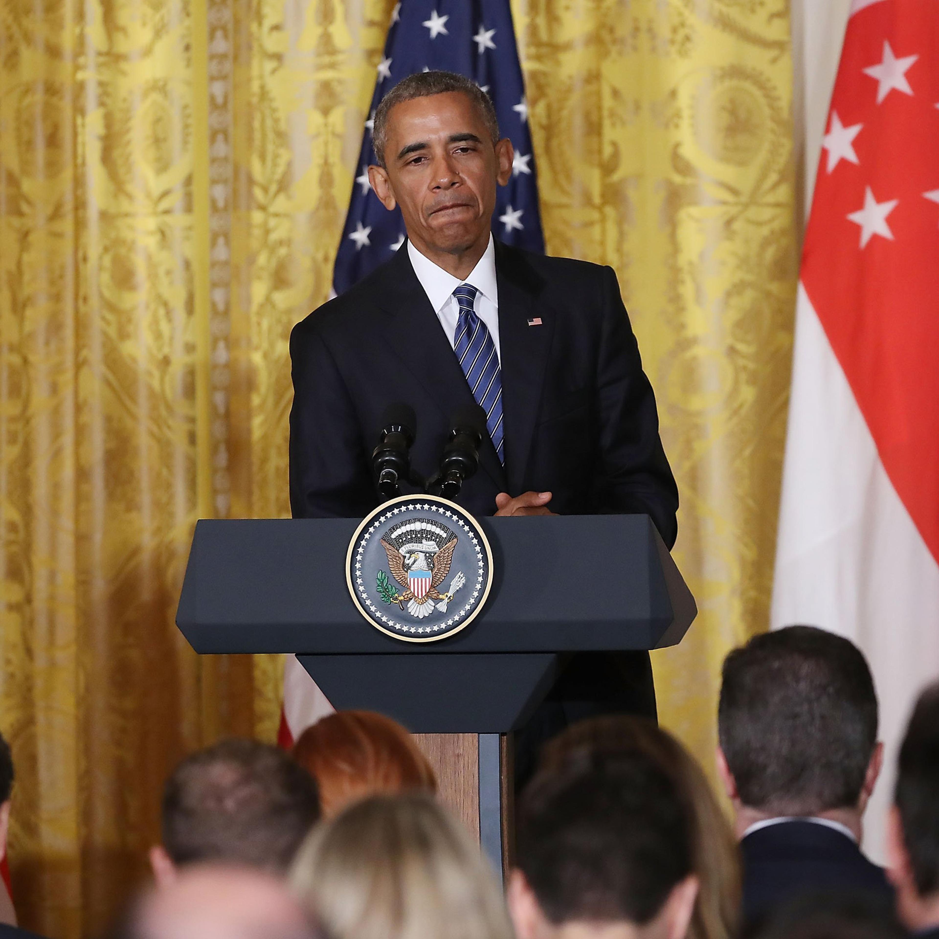 President Barack Obama, speaks about Republican Presidential candidate Donald Trump during a news conference with Singapore's Prime Minister Lee Hsien Loong, in the East Room at the White House in Washington on Aug. 2, 2016.