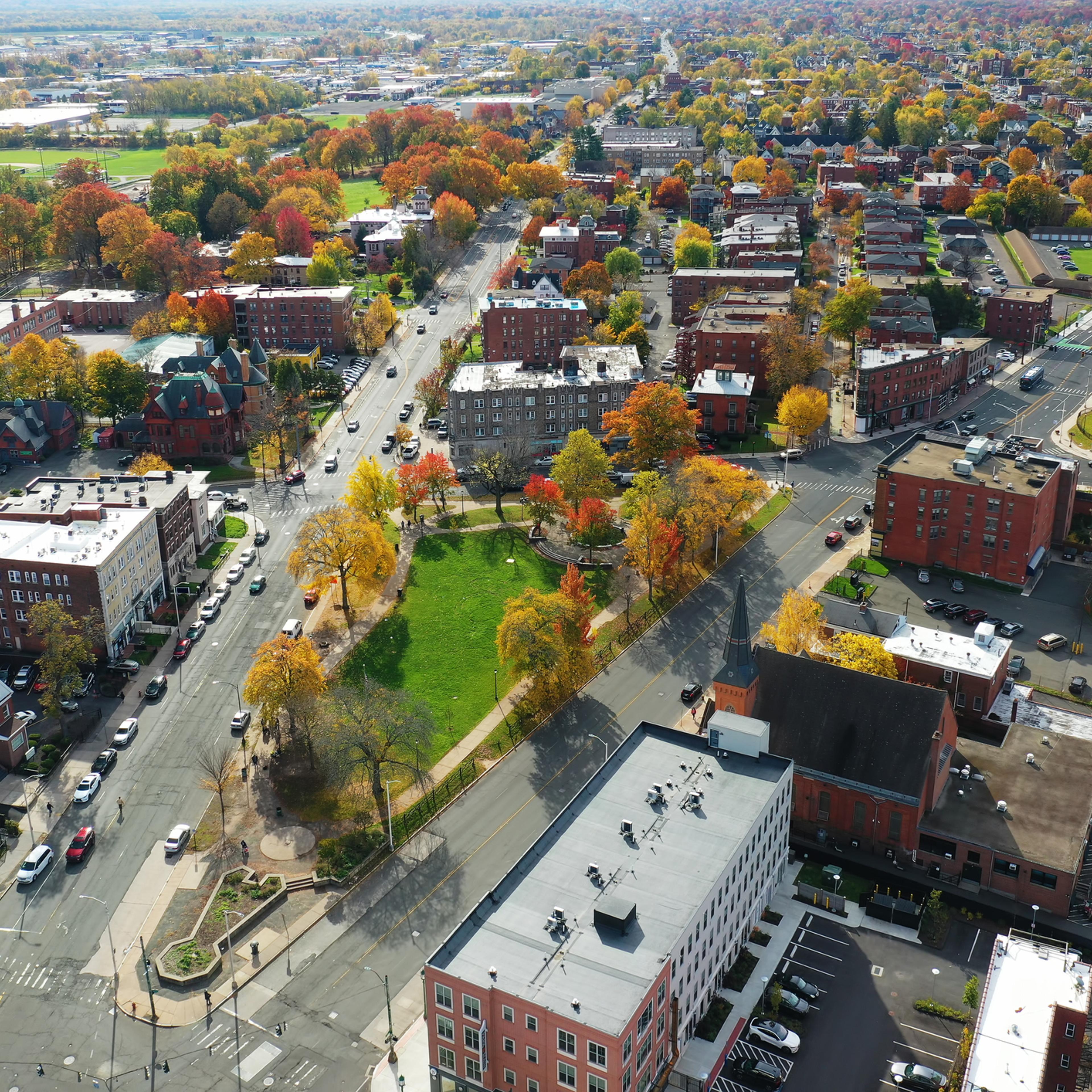 Aerial autumn scene of Hartford, Connecticut, United States