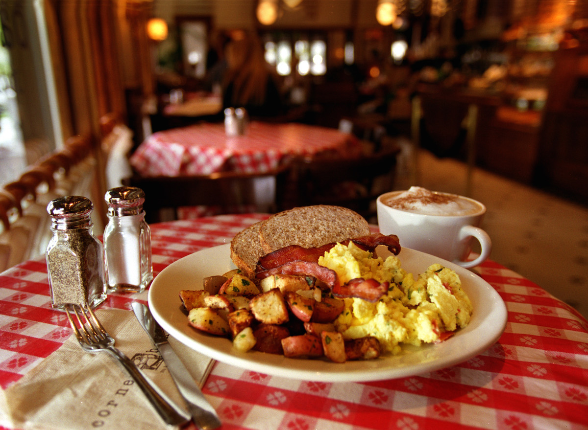 Breakfast combo  country potatoes, cheesey scramble eggs and applewood smoked Bacon served with har