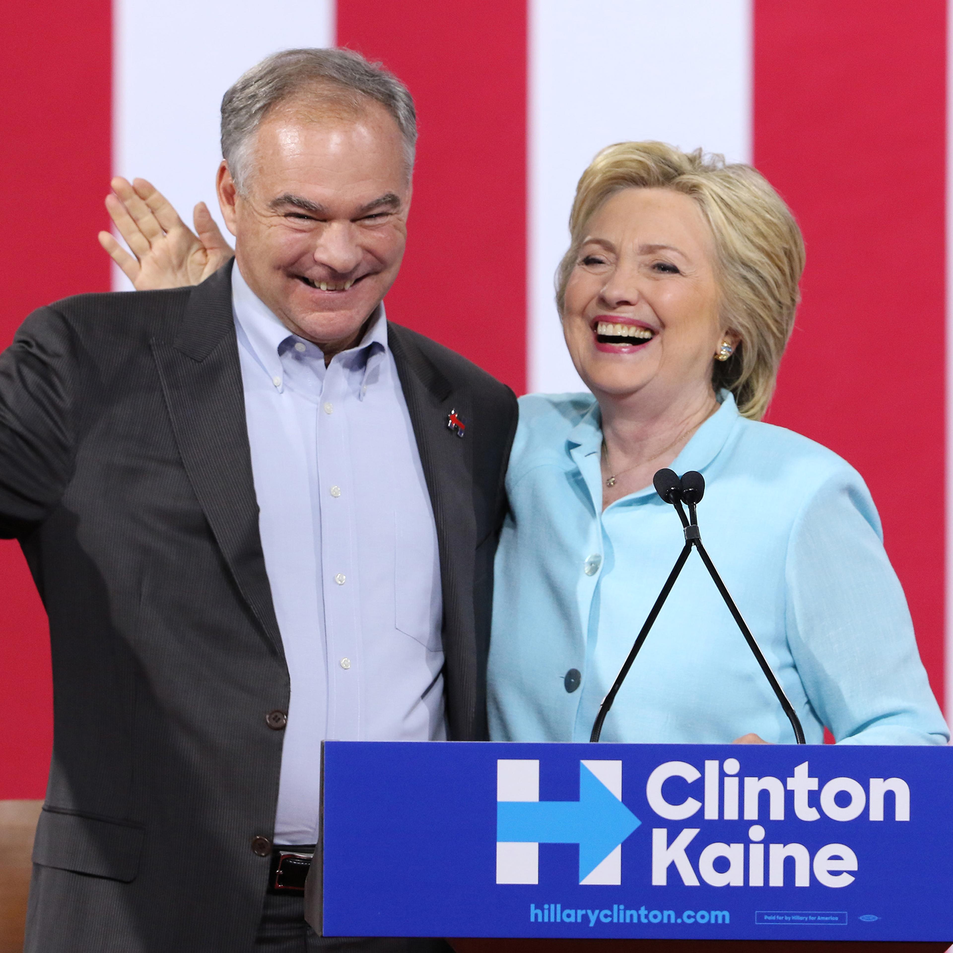 Hillary Clinton and Democratic vice presidential candidate U.S. Sen. Tim Kaine attend a campaign rally at Florida International University Panther Arena in Miami, Fla., on July 23, 2016.