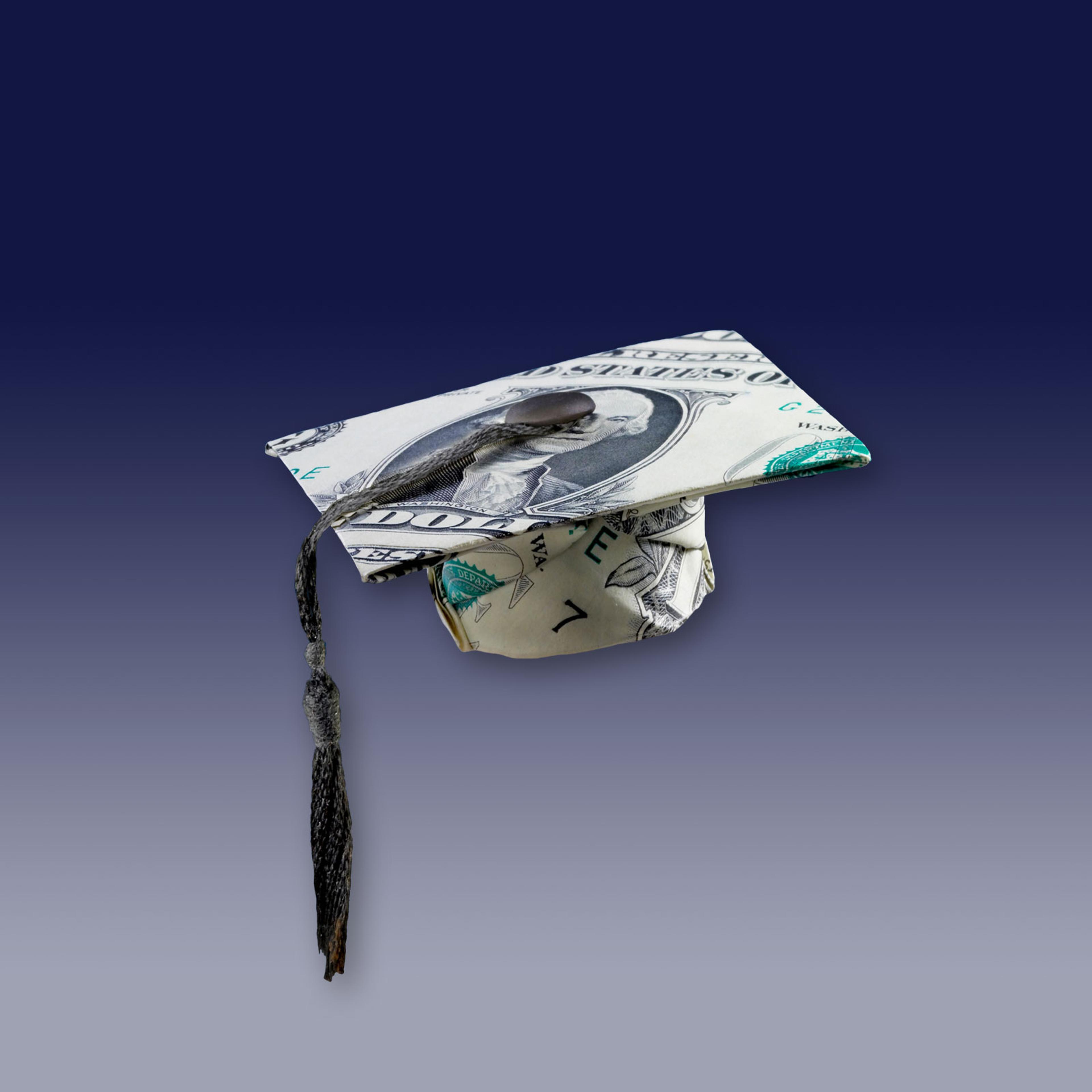 A graduation cap made out of money