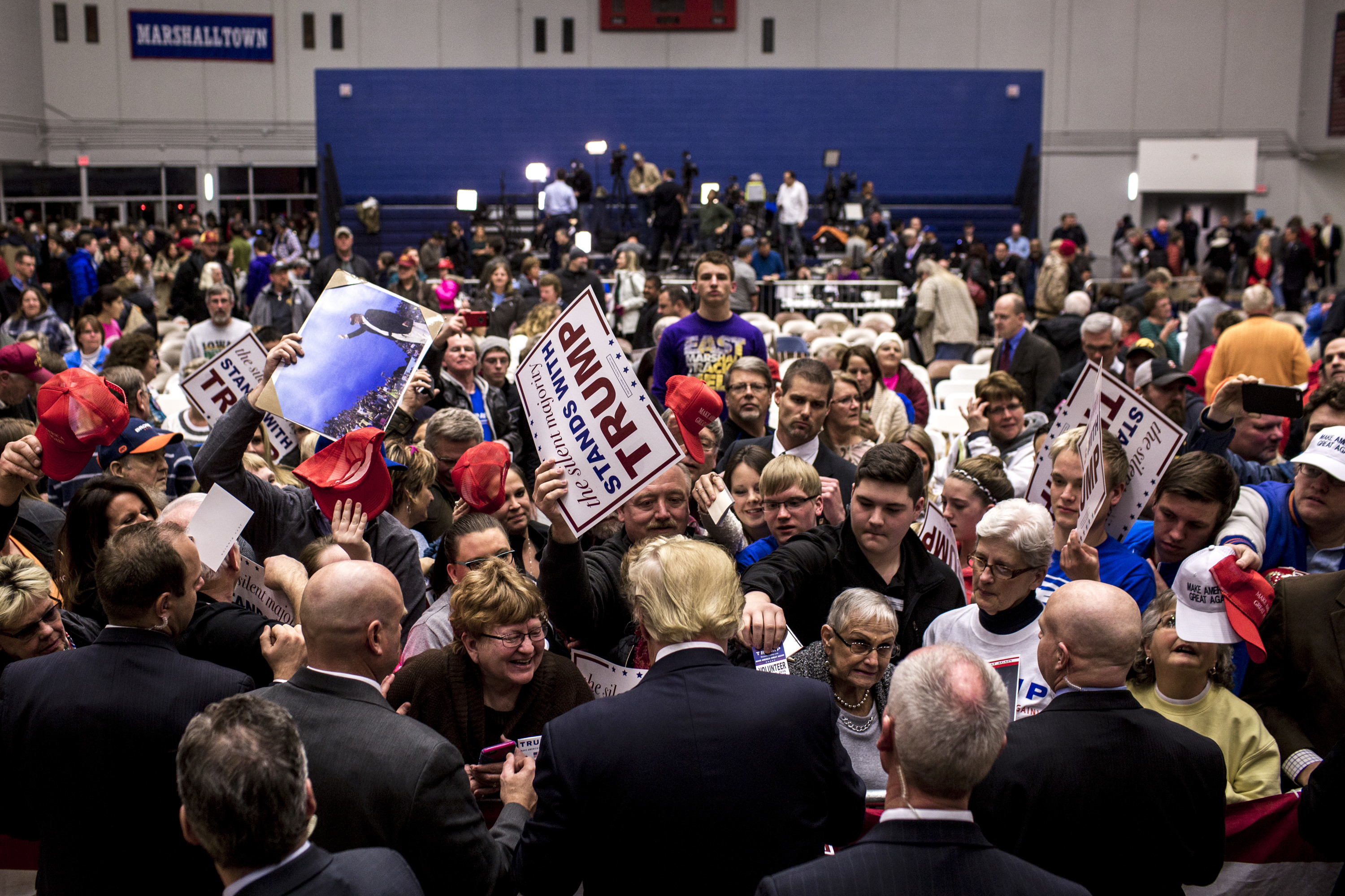 Donald Trump greets supporters at a rally on Jan. 26, 2016, in Des Moines, Iowa.
